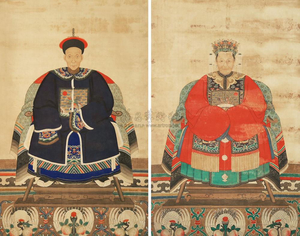 0414 清 祖宗像 对屏 设色绢本