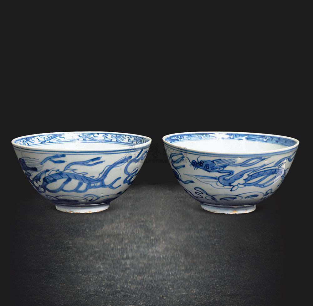 万历 青花飞龙团鹤纹敞口碗 (一对)】拍卖品_图片_价格_鉴赏_明代青花