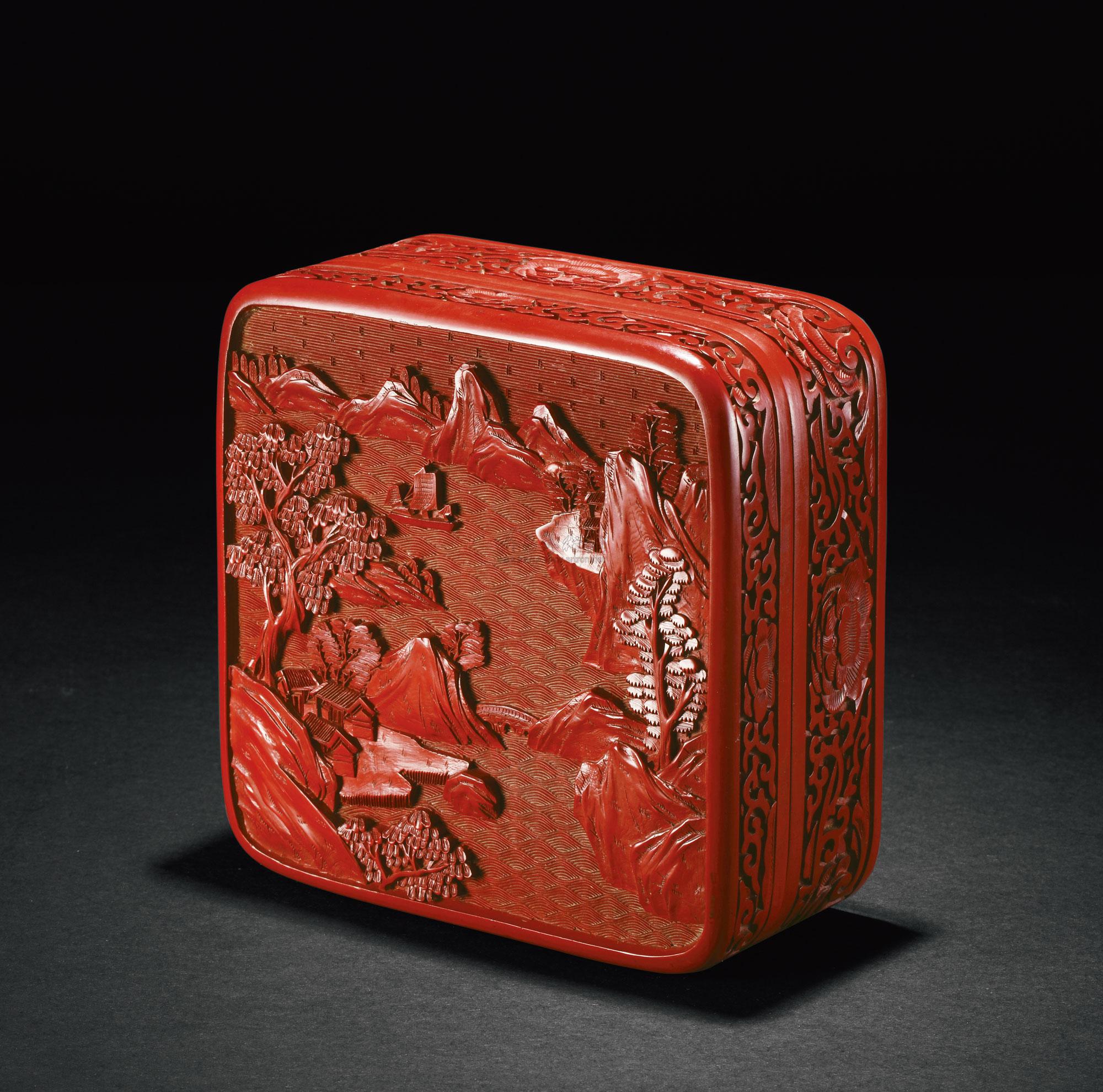 0387 雕漆山水纹方盒