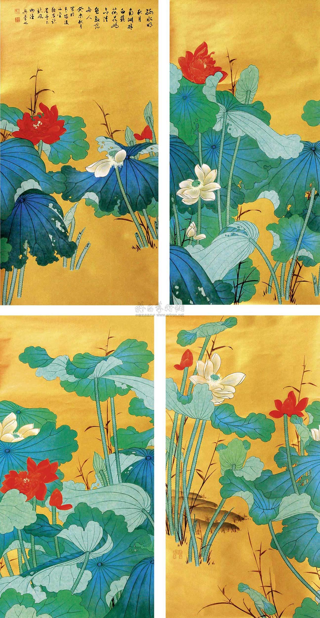 0046 金碧荷花 四条屏 立轴 纸本