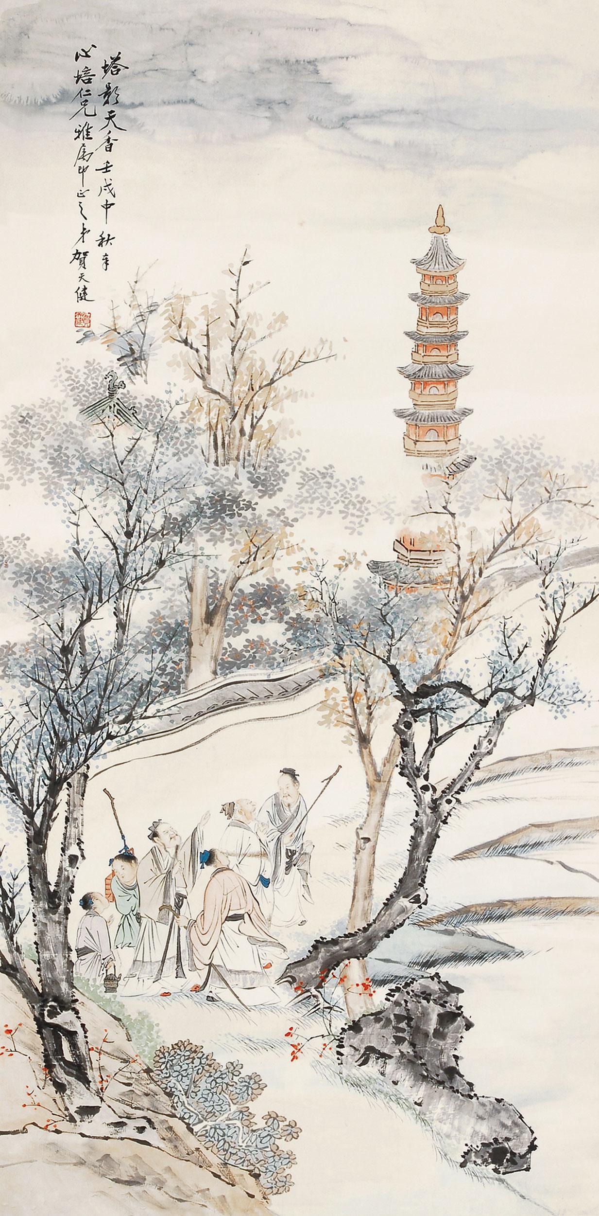 0388 塔影天香 立轴 设色纸本