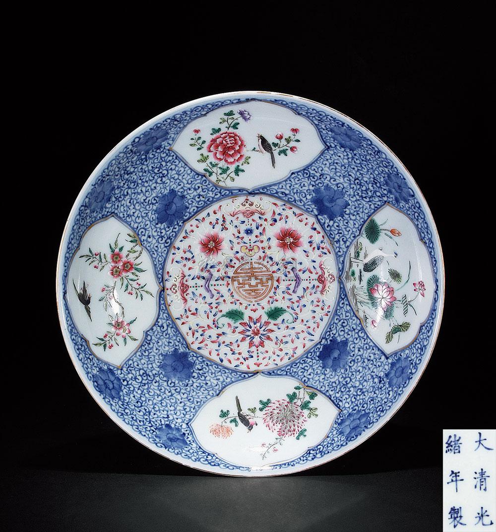 *1500 清光绪 青花开光粉彩花鸟寿字盘