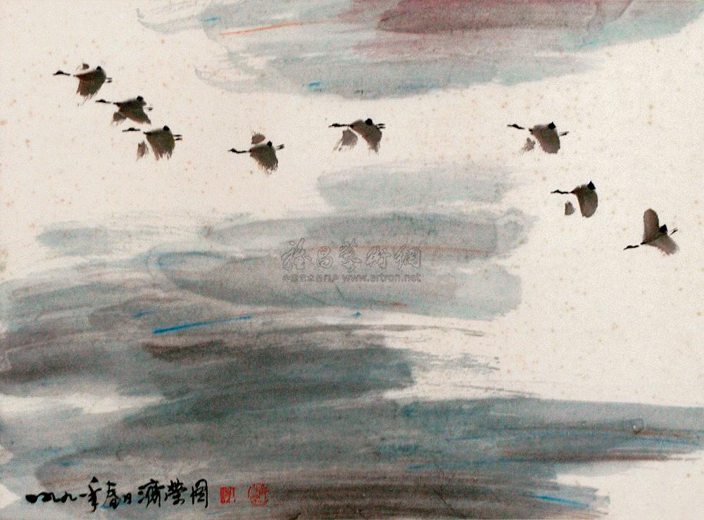 0029 1991年作 飞雁图 镜片 设色纸本