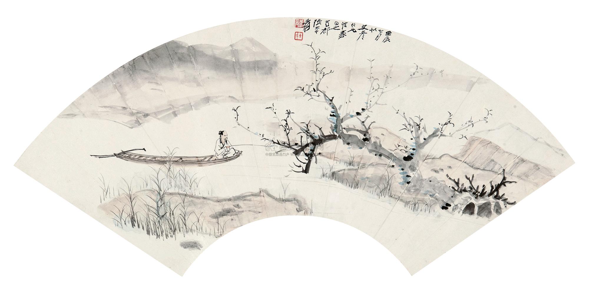 4295 1952年作 秋溪钓艇 扇面 设色纸本