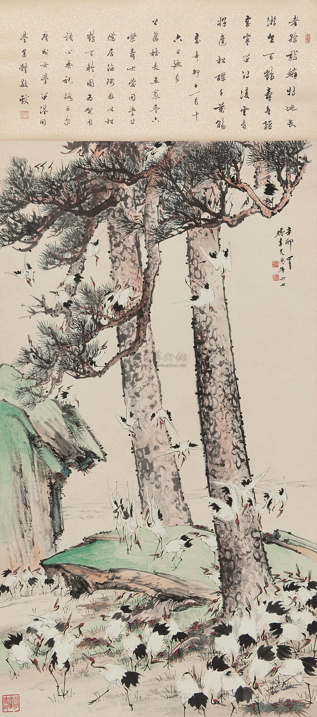 4663 百鹤图 立轴 设色纸本