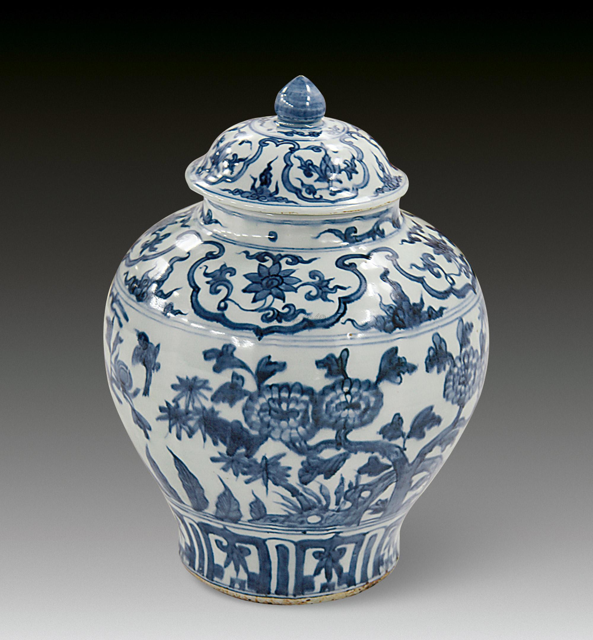 0360 明代 青花花卉将军罐