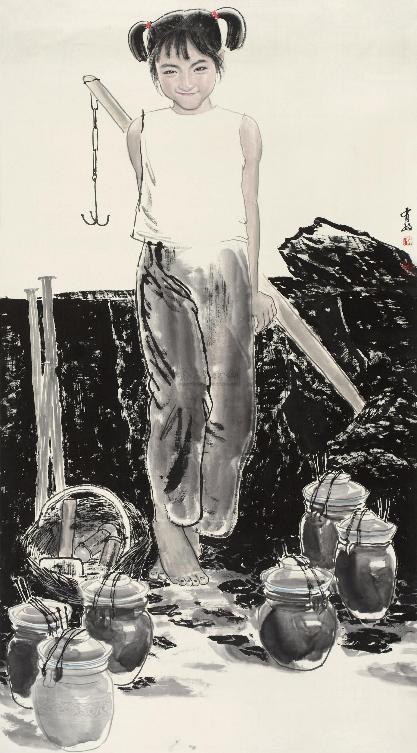 【挑水女孩 镜心 纸本】拍卖品_图片_价格_鉴赏_绘画_雅昌艺术品拍卖