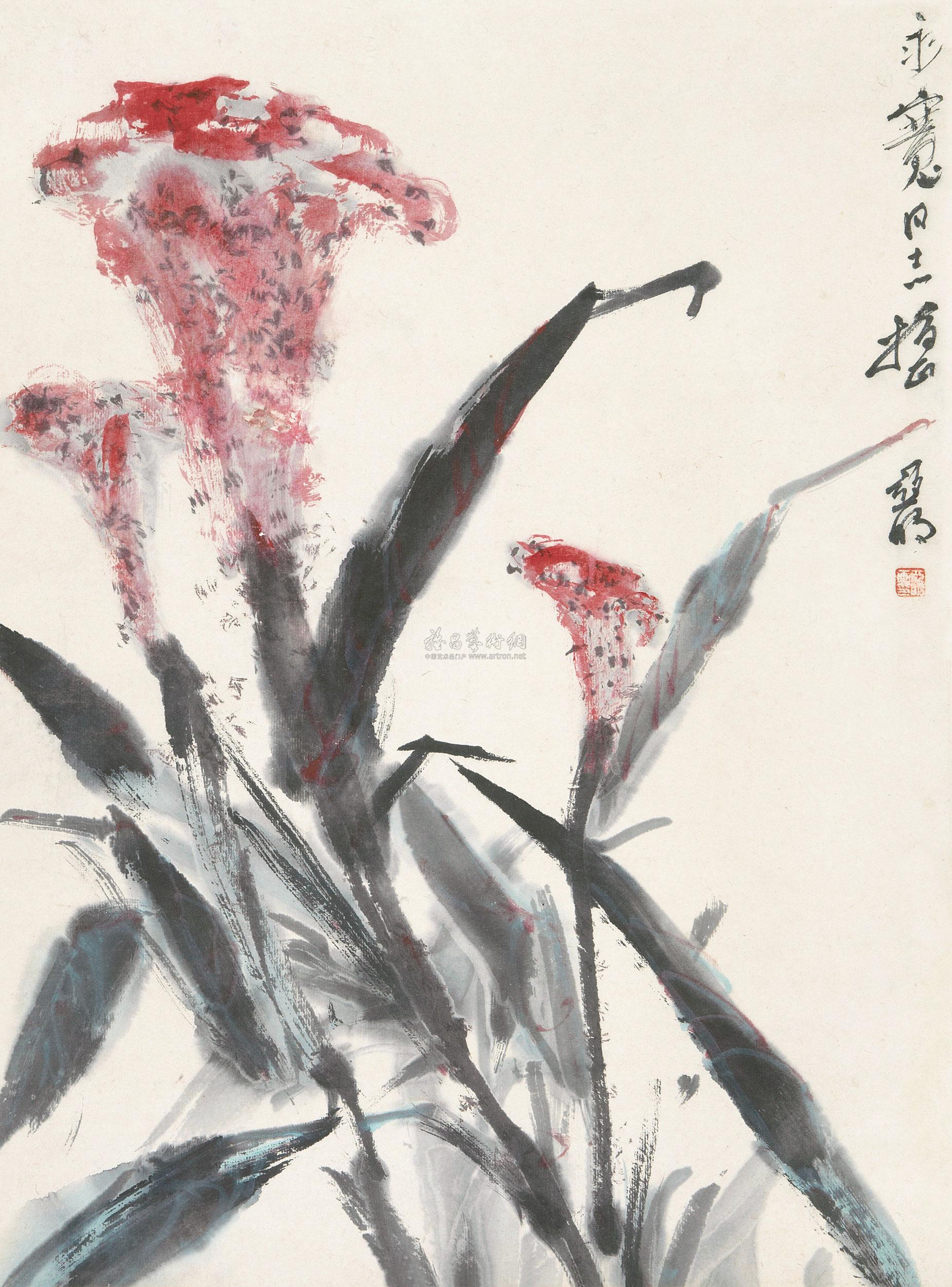 0116 鸡冠花 立轴 设色纸本