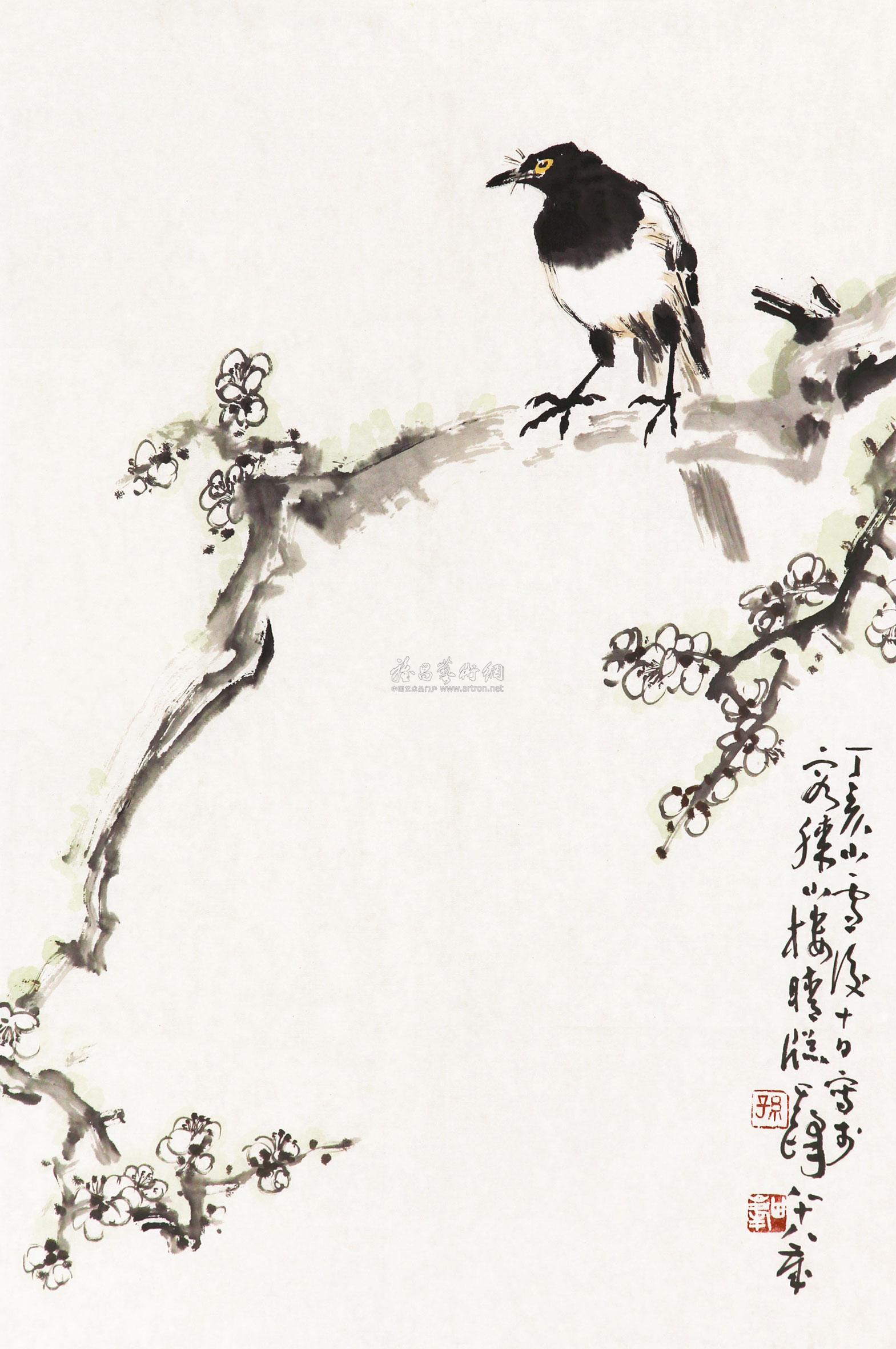 0329 梅花小鸟 设色纸本
