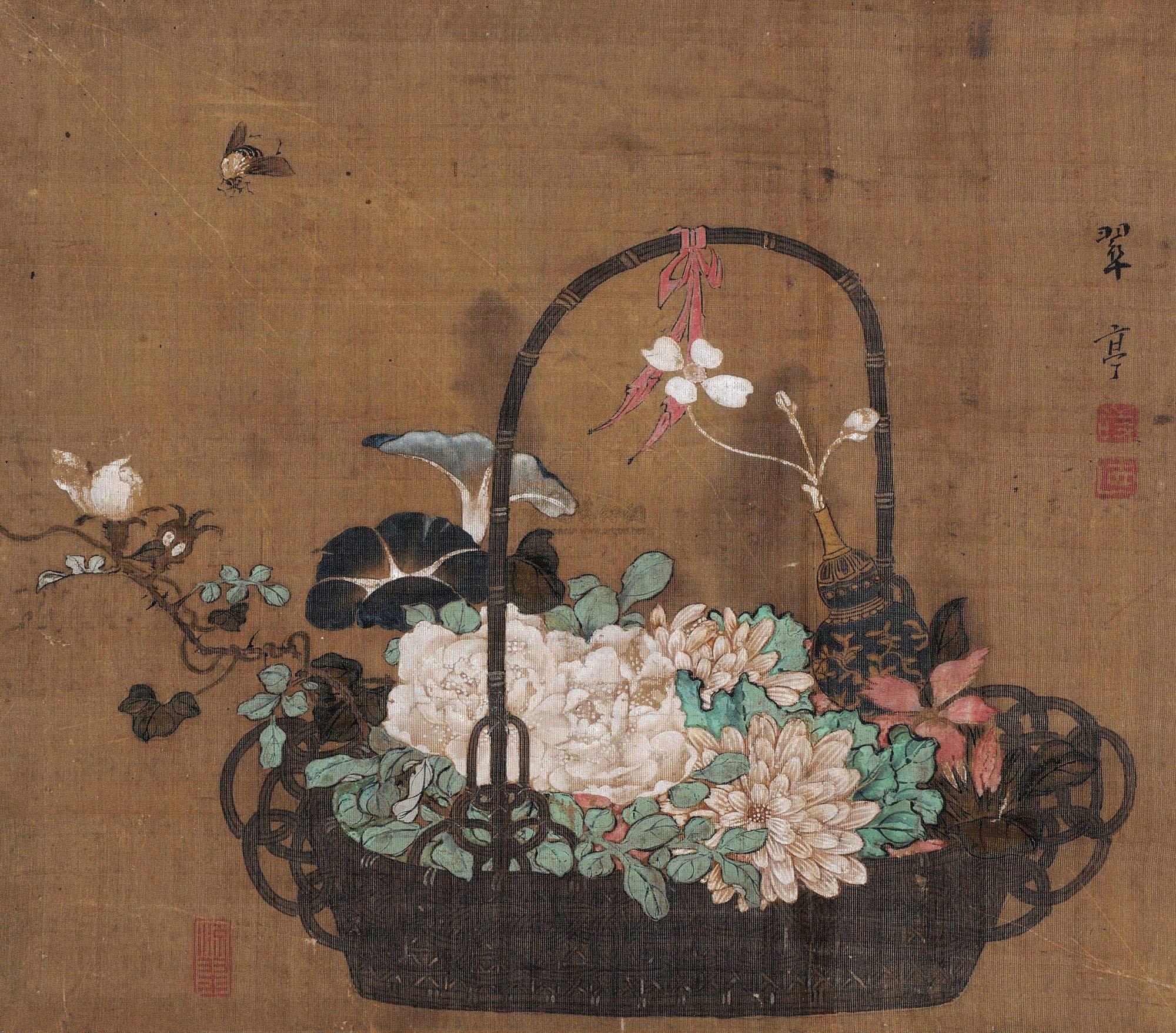 1447 花篮 镜框 设色绢本