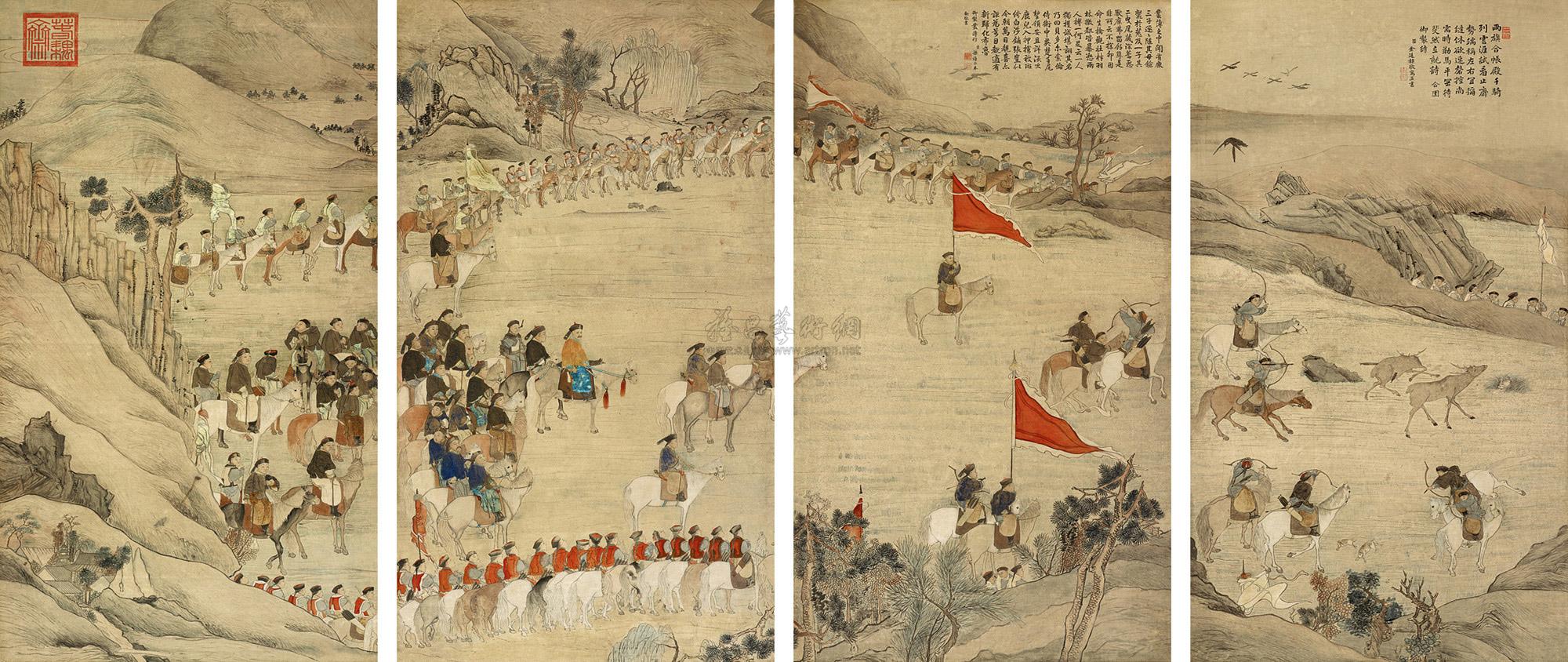 0744 木兰秋狩图 四屏 设色绢本