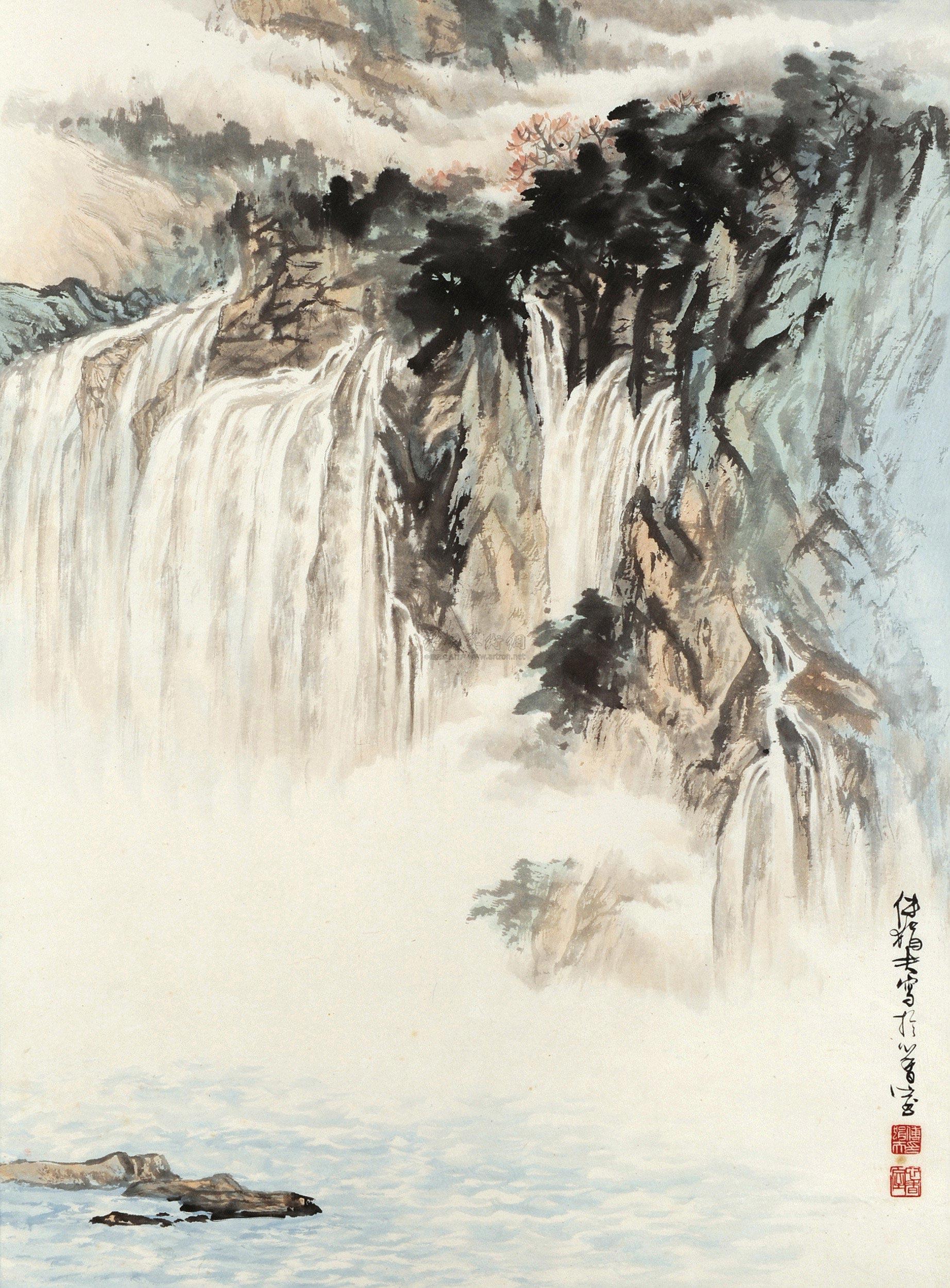0341 高山飞瀑 镜框 设色纸本