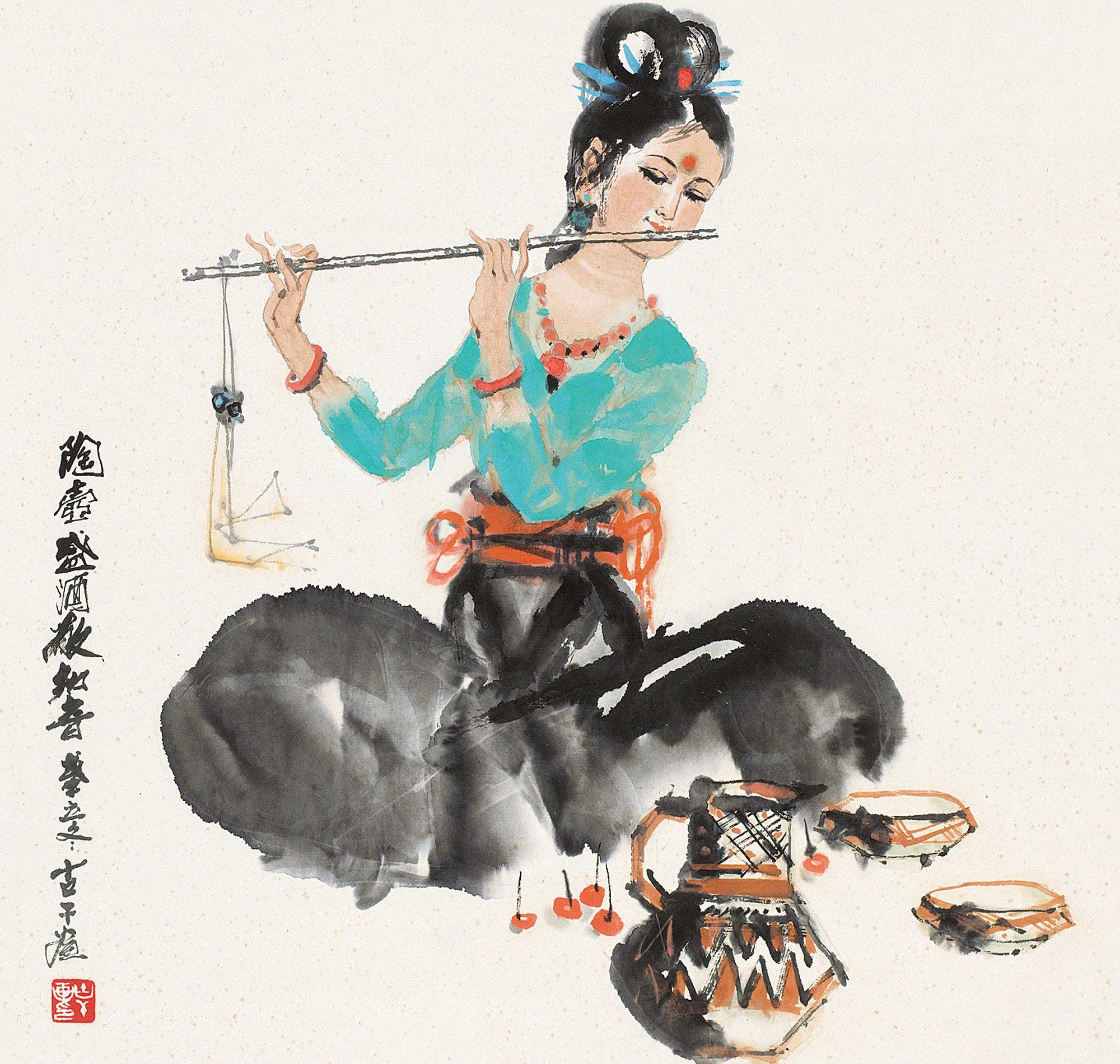 0245 吹笛少女图 立轴 设色纸本