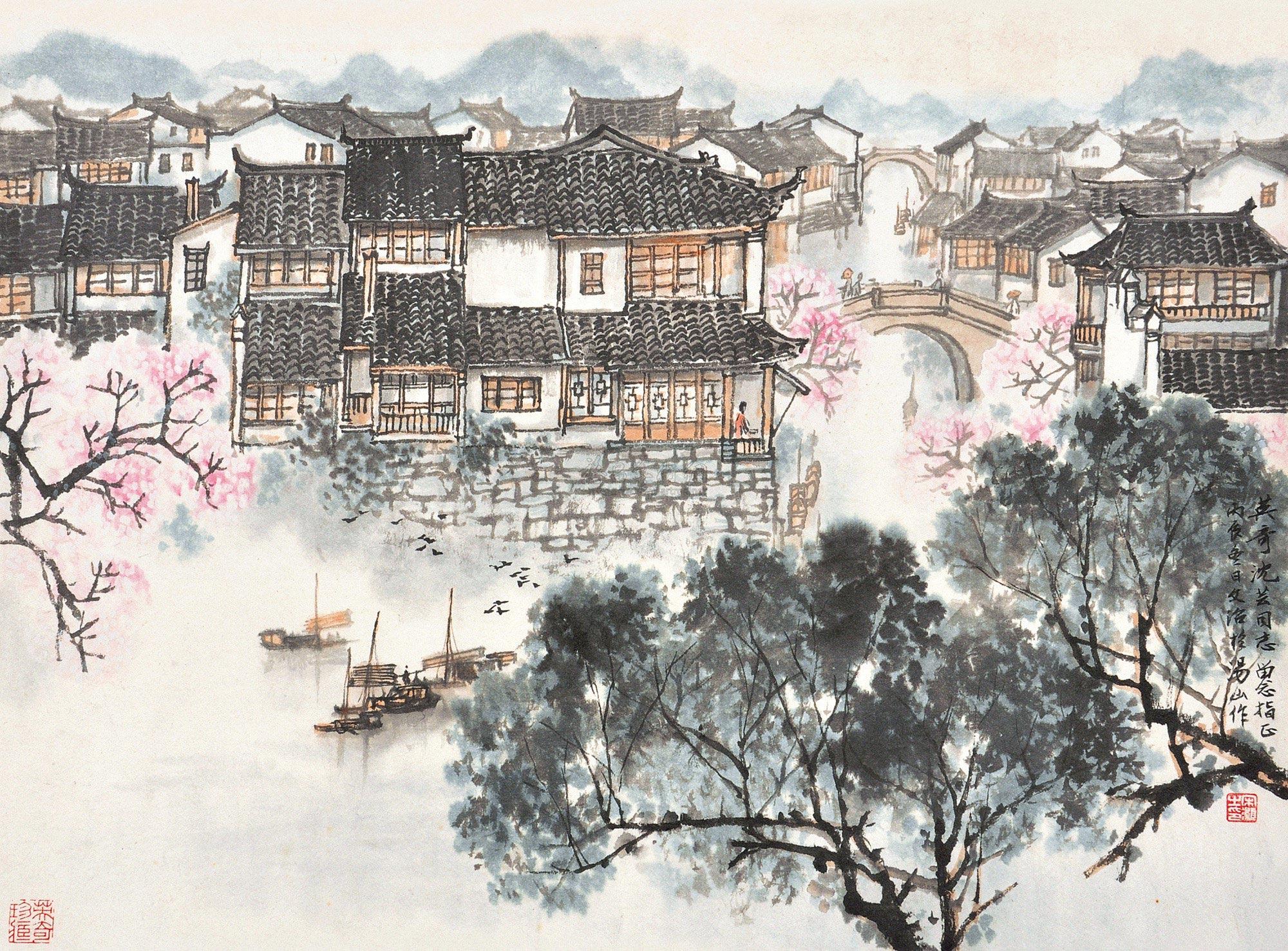 【江南烟雨图 镜心 设色纸本】拍卖品_图片_价格_鉴赏_绘画_雅昌艺术