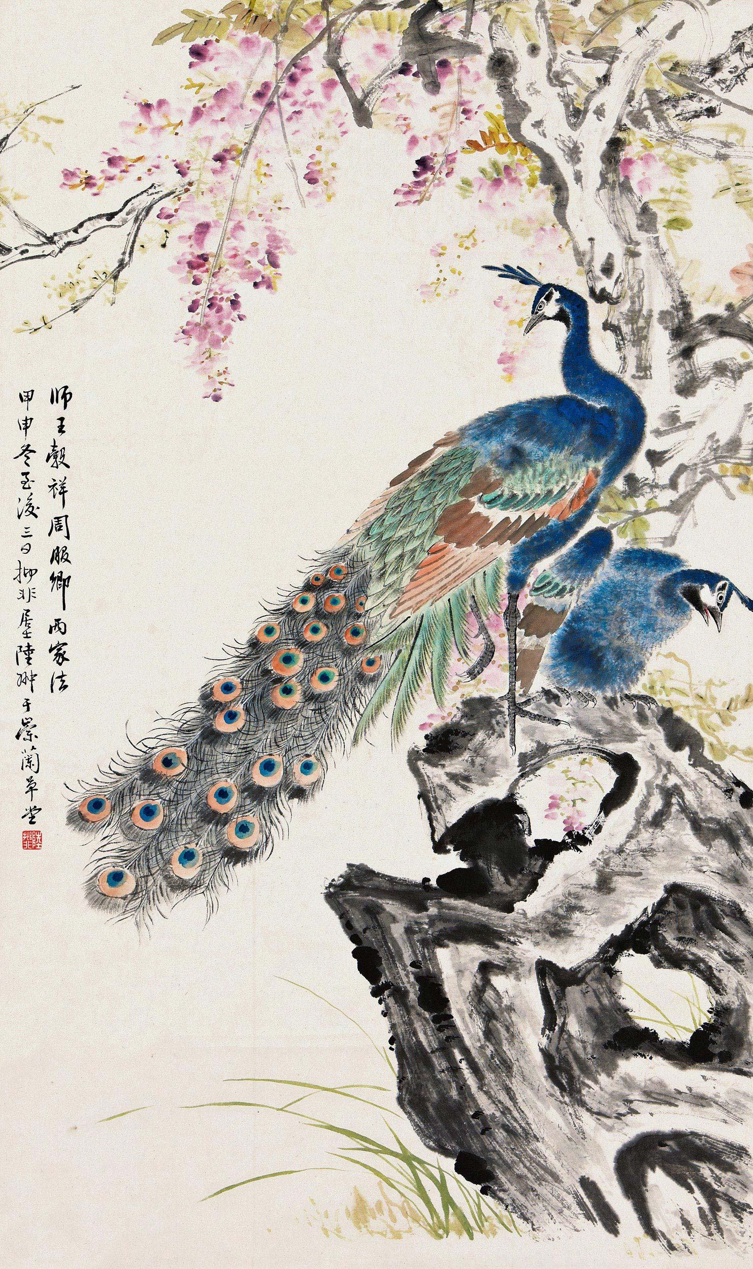 0516 孔雀图 立轴 设色纸本