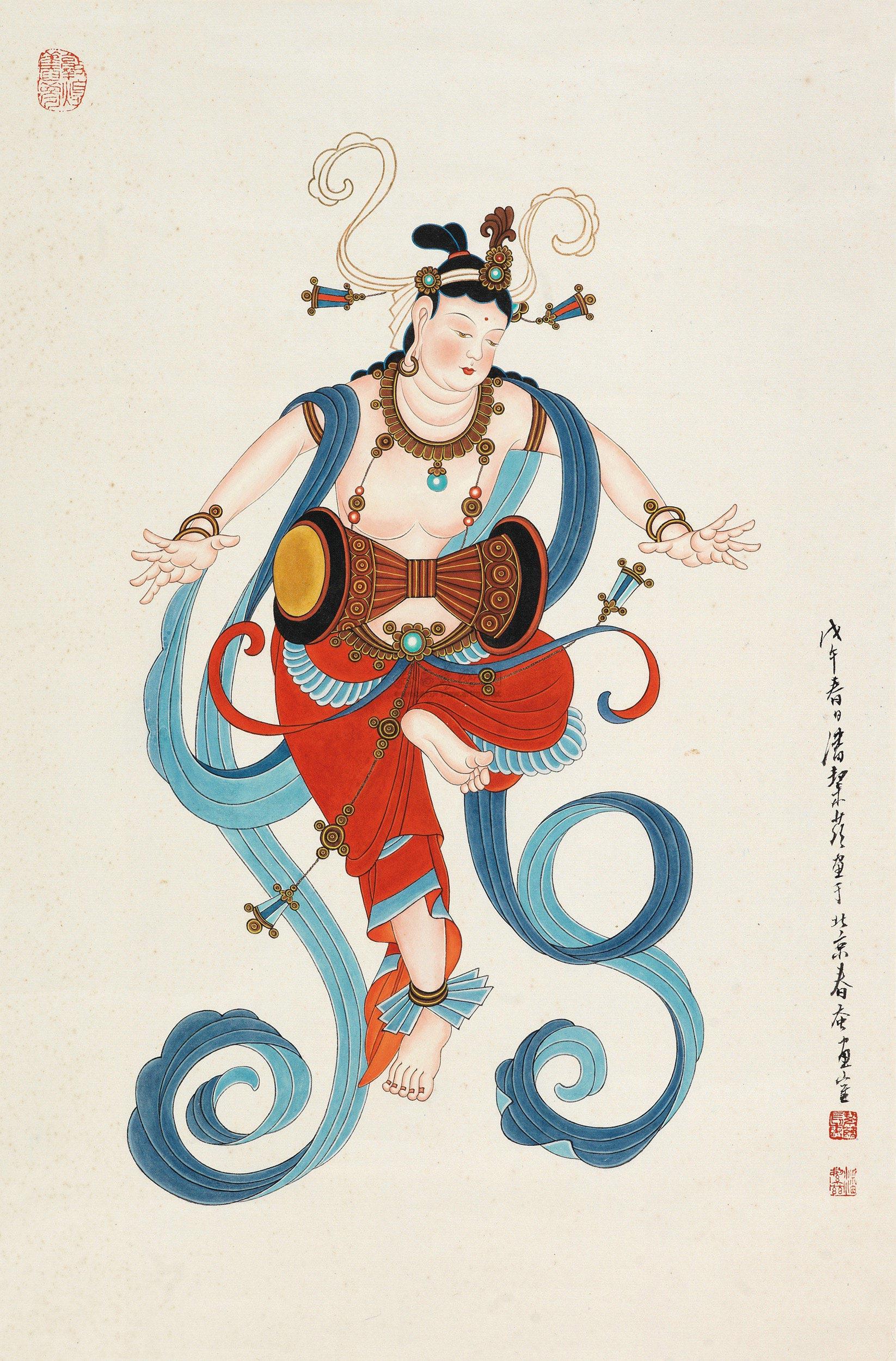 0063 1978年作 敦煌人物 立轴 工笔重彩纸本