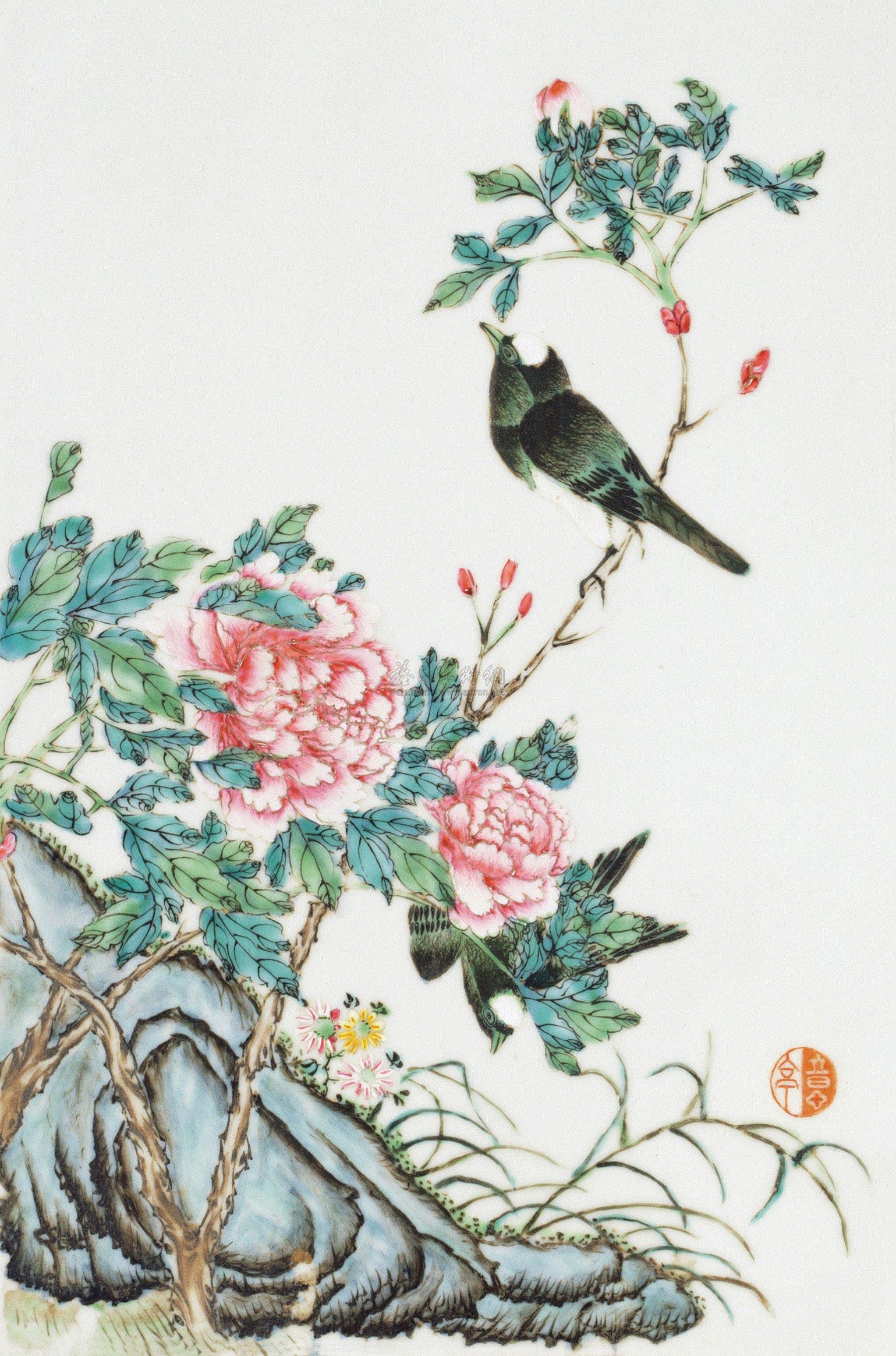 0316 民国 粉彩花鸟图瓷板