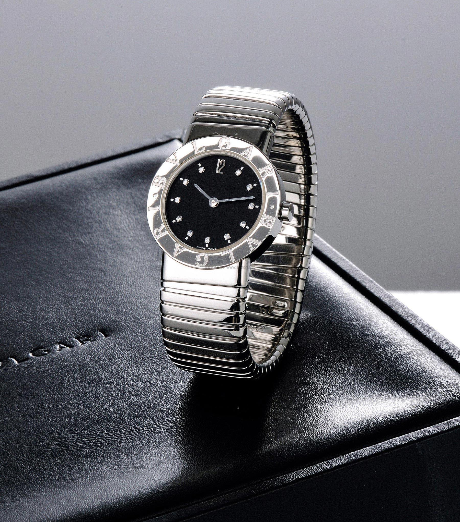 0804 约2000 宝格丽 tubogas 精钢石英黑面钻石字手镯女装腕表