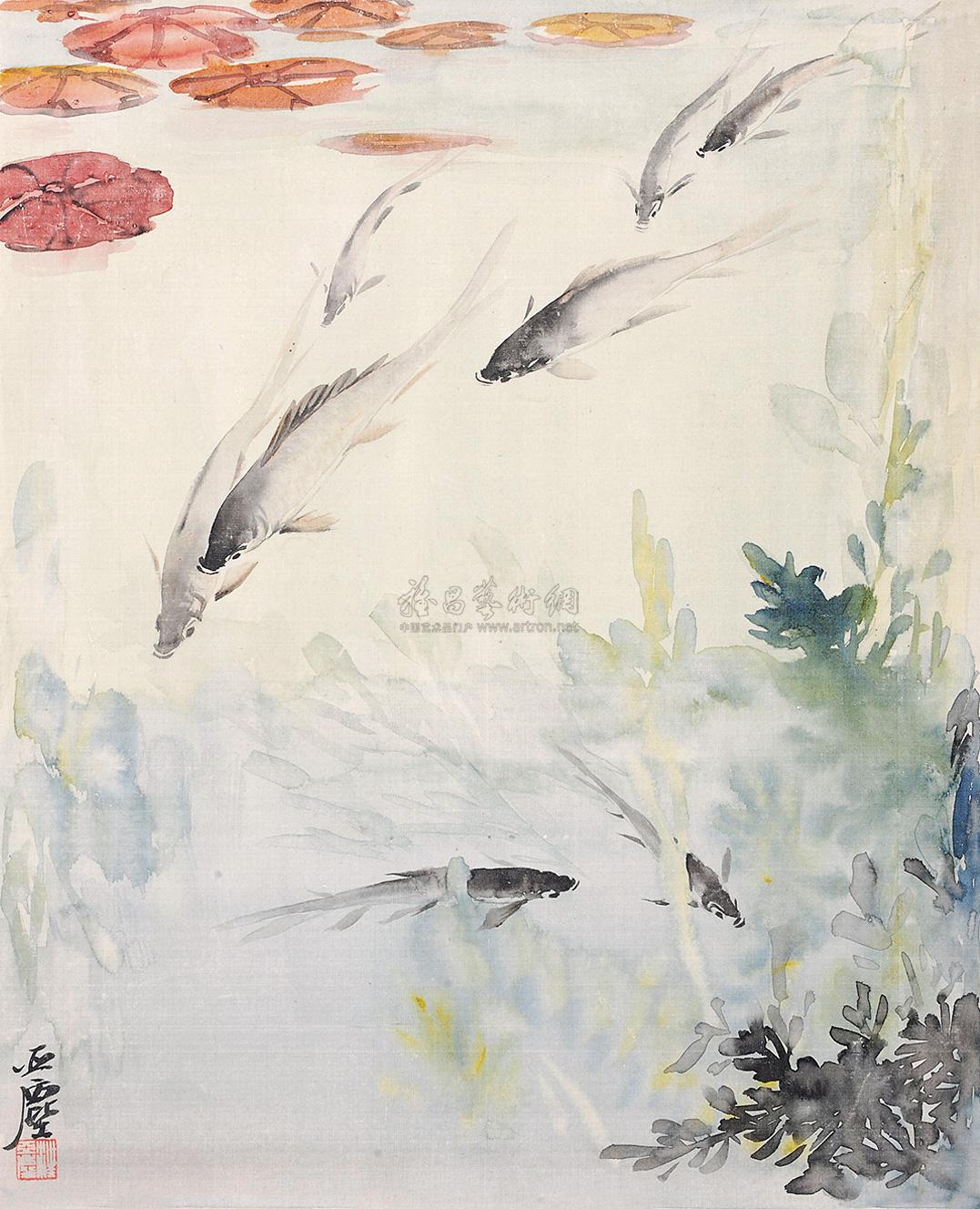 3758 荷塘池鱼 镜心 设色绢本