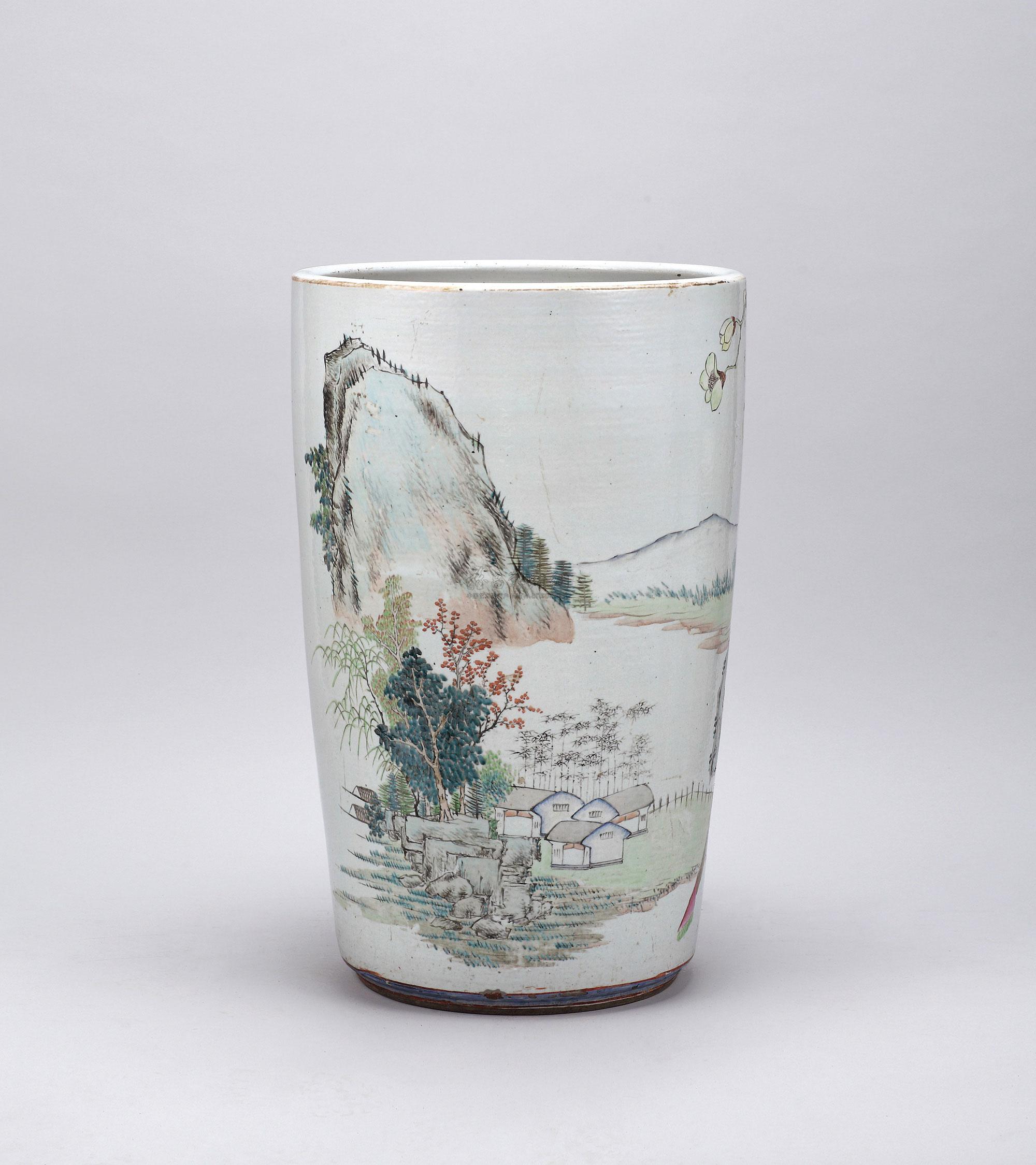 5918 清 浅绛彩山水花鸟画缸