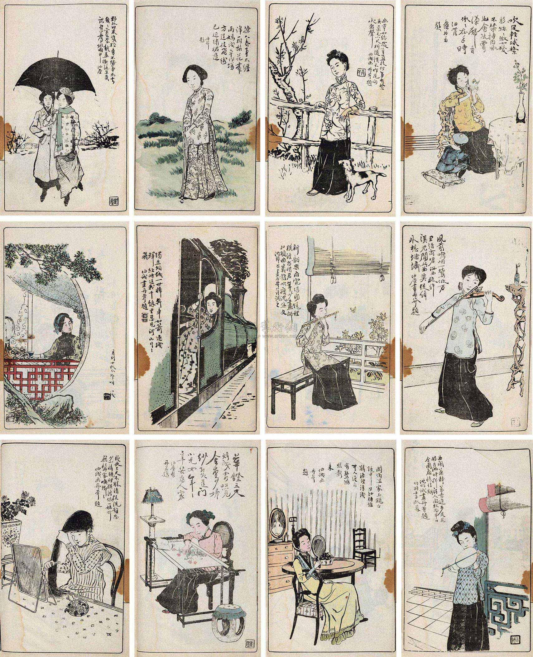 8190 民国二年(1913)中国漫画先驱沈泊尘绘原版初印《新新百美图》线