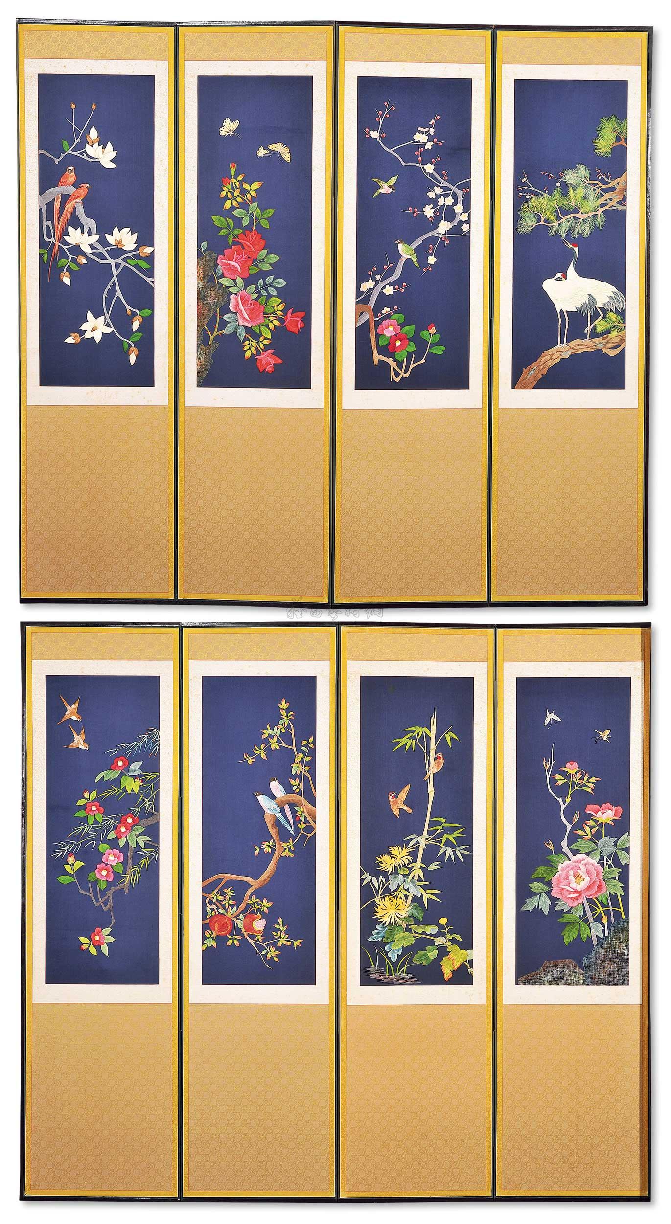 *4421 清晚期 刺绣花鸟纹八扇屏