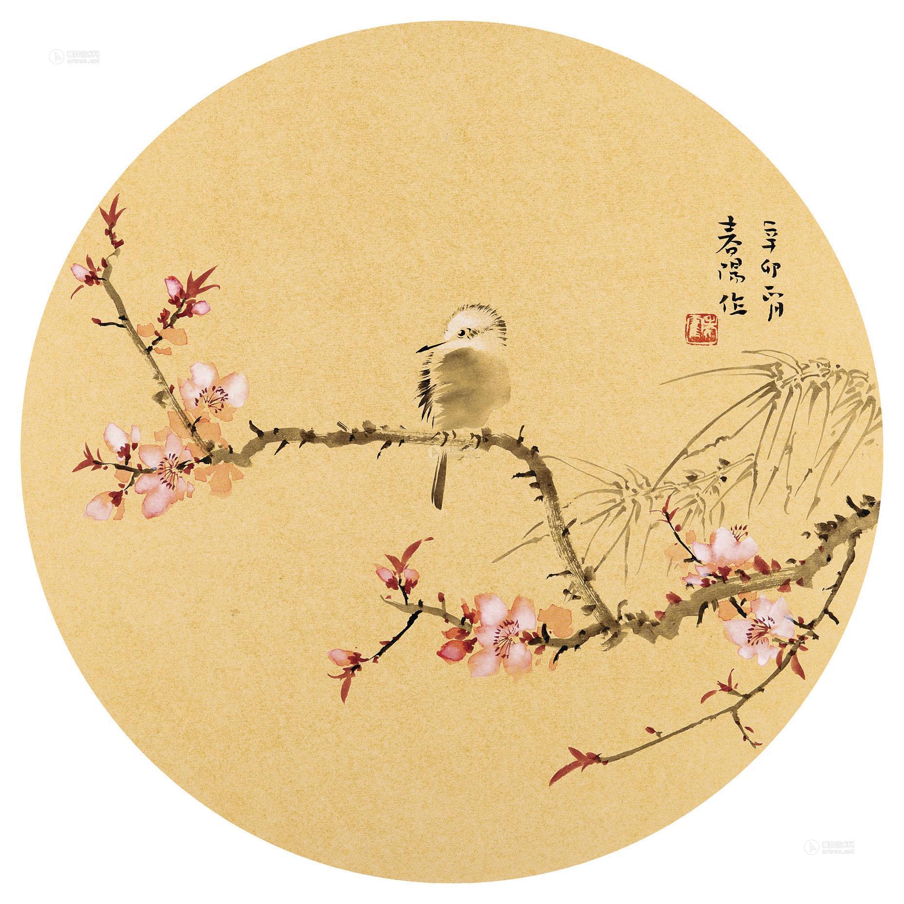 【红梅小鸟(圆光) 卡纸 设色纸本】拍卖品_图片_价格_鉴赏_绘画_雅昌