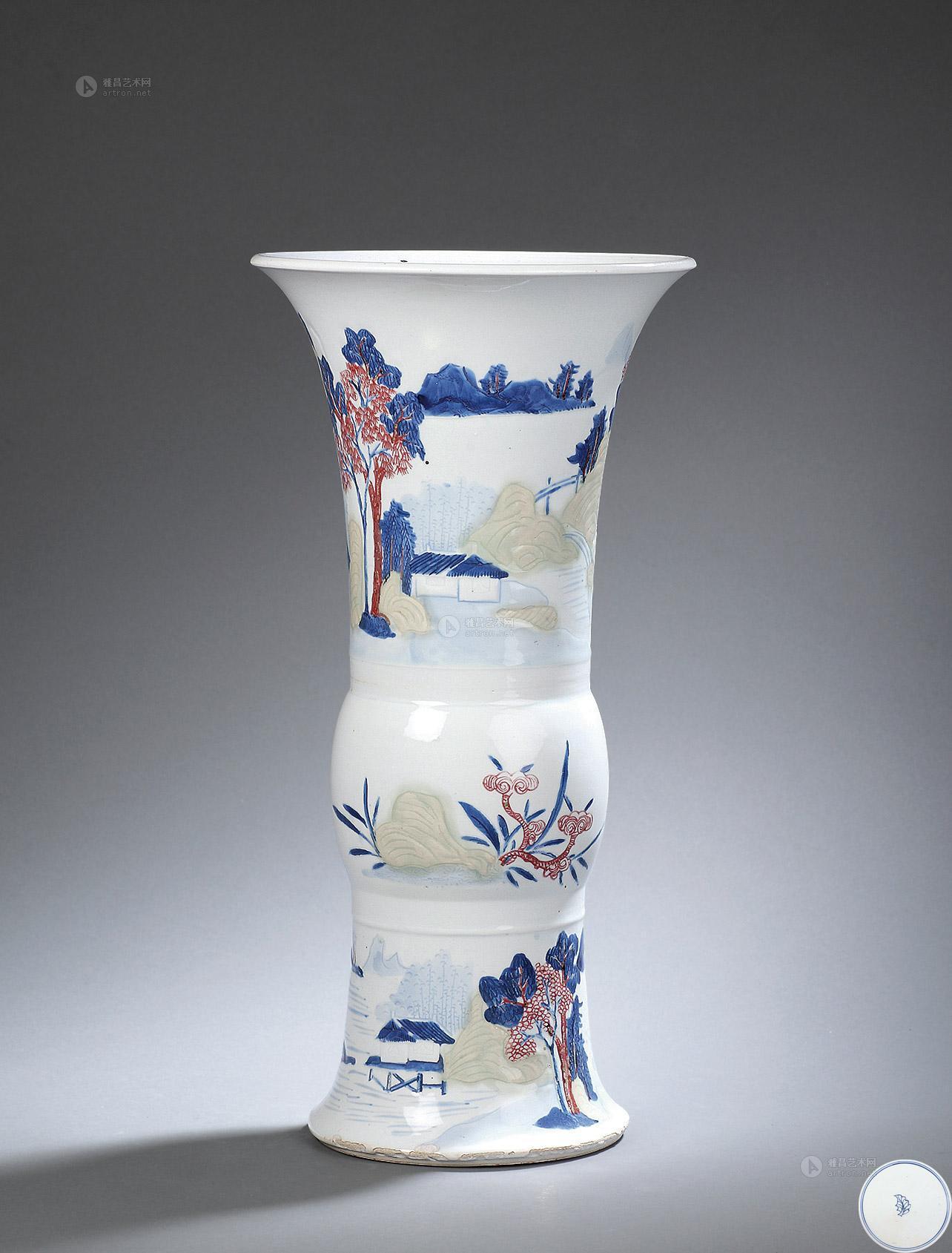 8518 清康熙 釉下三彩山水花觚