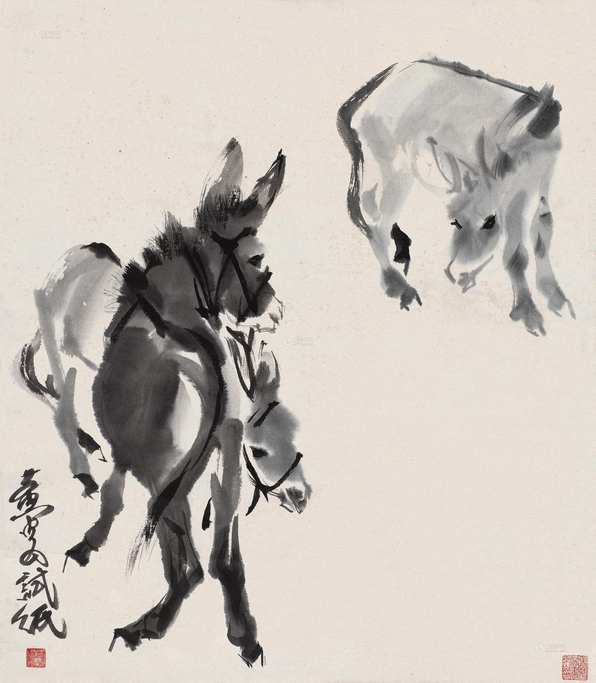 *0399 群驴 镜心 水墨纸本