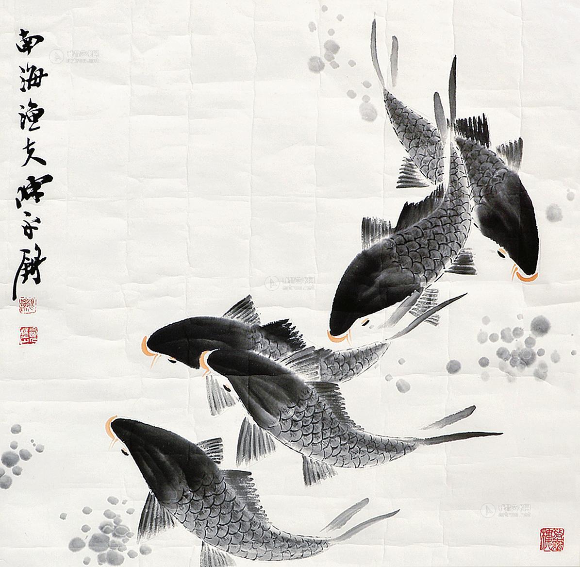 0129 五鱼图 镜片 设色纸本