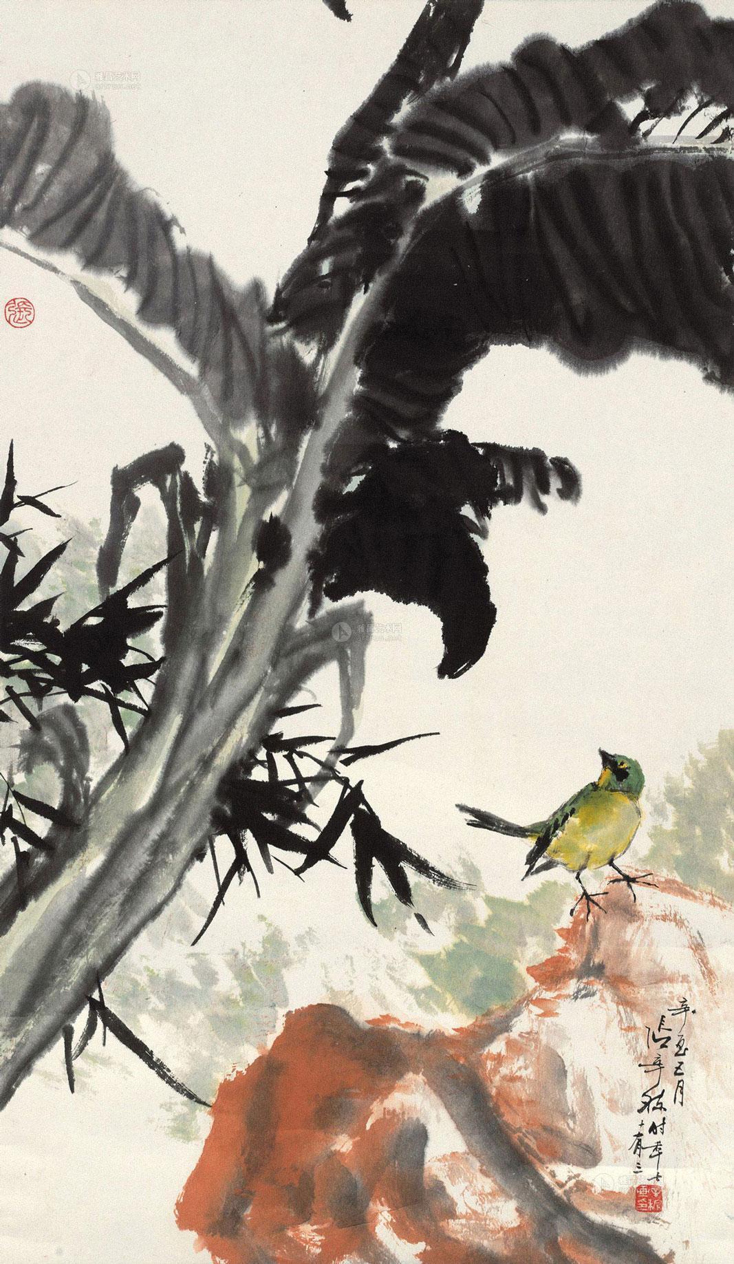 0774 辛酉(1981年)作 芭蕉黄雀 立轴 纸本