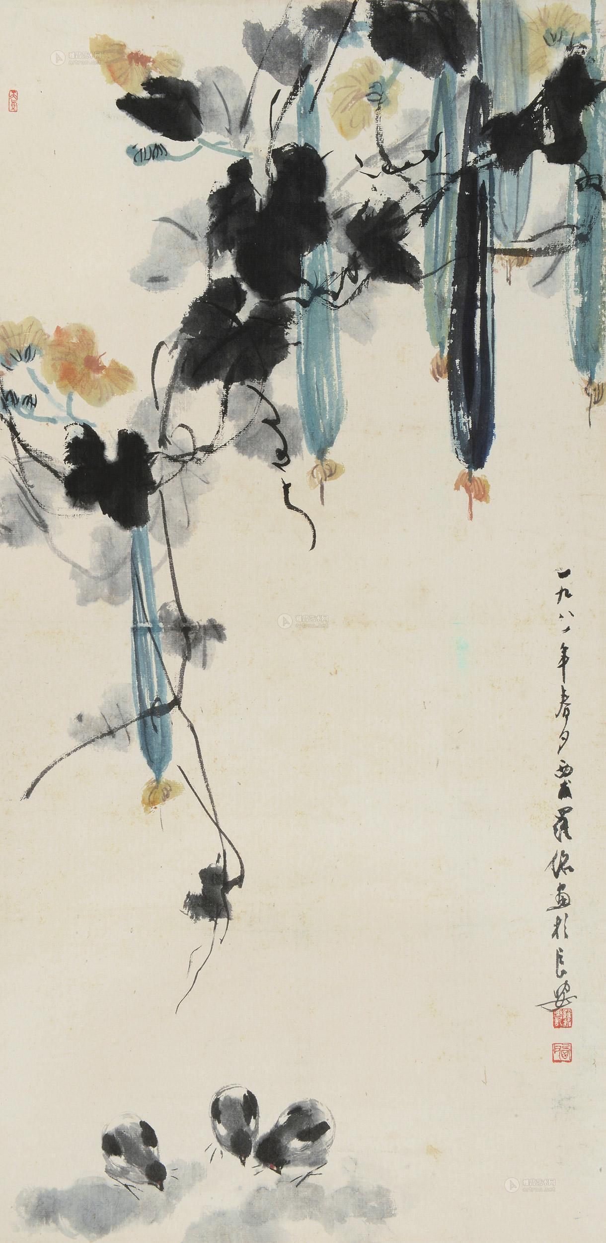 0232 丝瓜小鸡 立轴 设色纸本