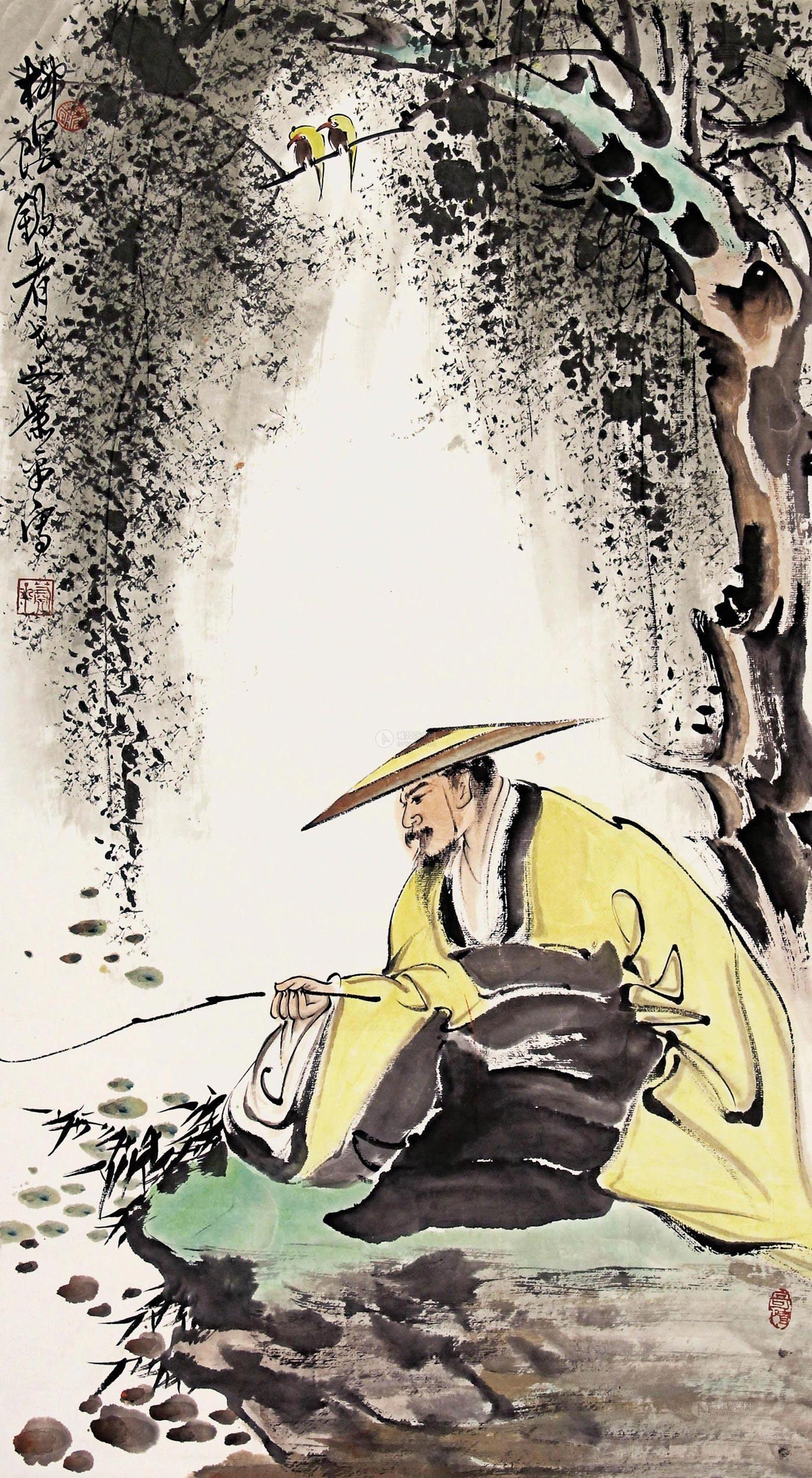 0489 柳荫垂钓 镜片 纸本