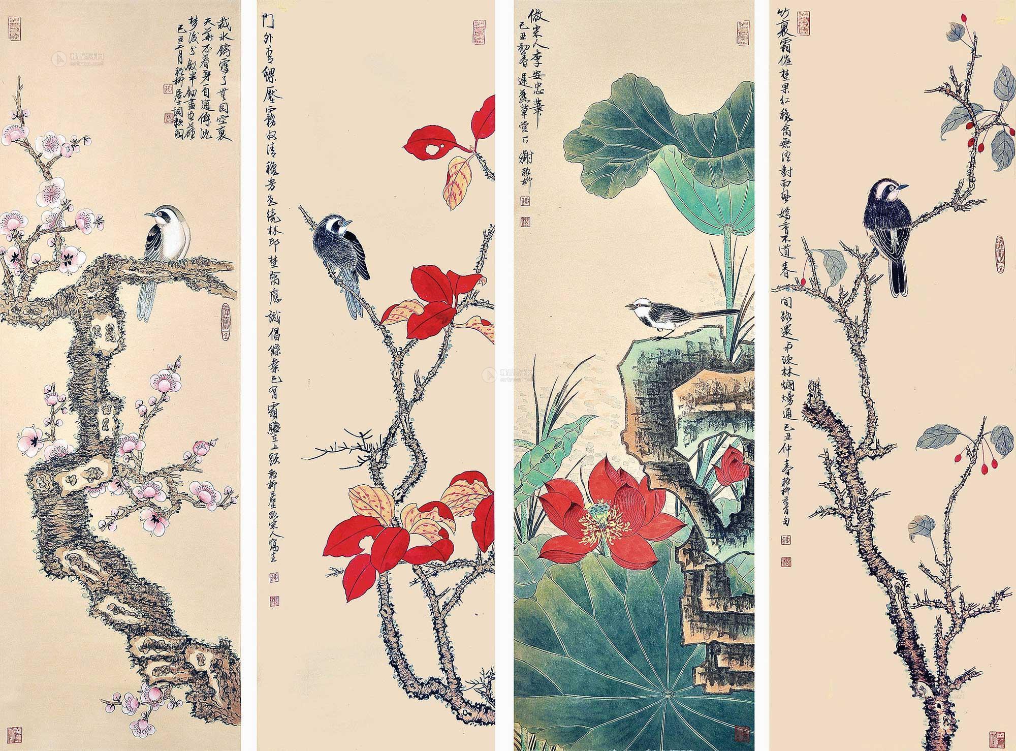 0855 四季花鸟 四屏立轴 纸本