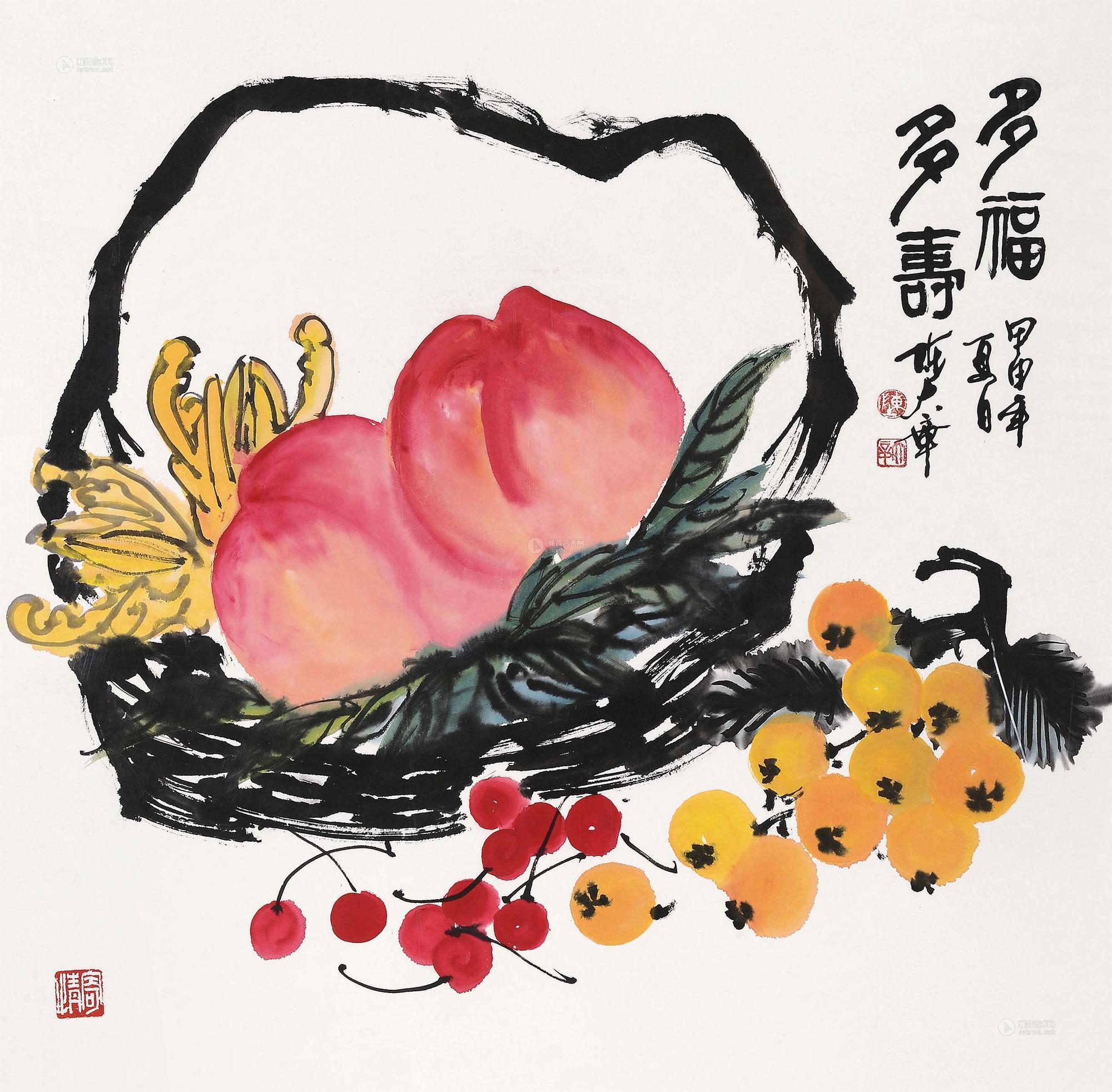 2013 2004年作 致经叔平 多福多寿 镜心 设色纸本