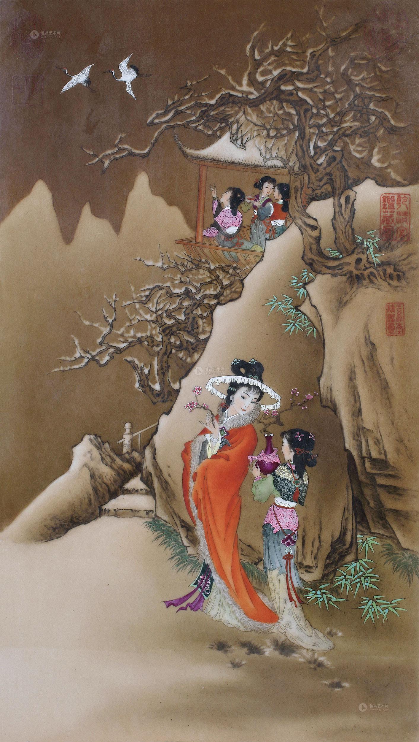 2995 程元璋 红楼探梅图粉彩山水瓷板