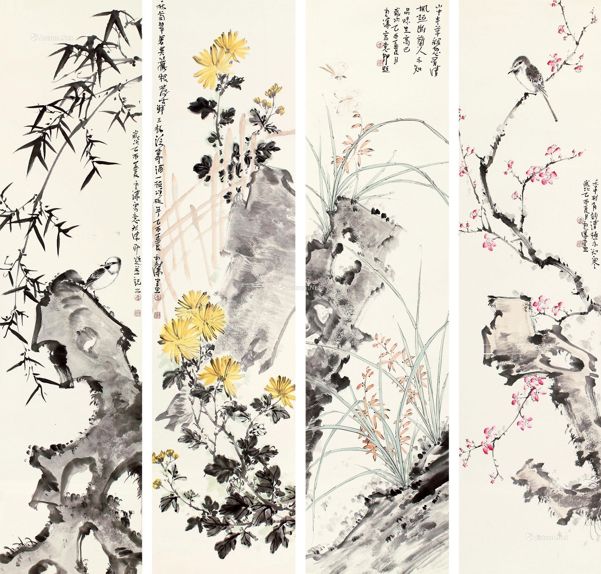 【2005年作 花鸟 四条屏镜片 设色纸本】拍卖品_图片_价格_鉴赏_绘画