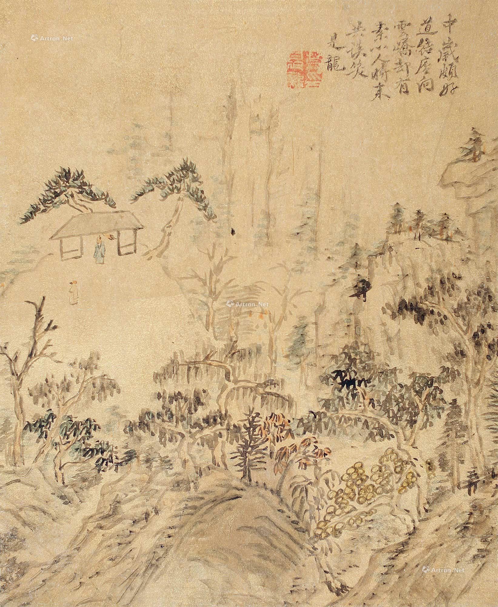 【松崖舍社图 立轴 设色纸本】拍卖品_图片_价格_鉴赏_绘画_雅昌艺术