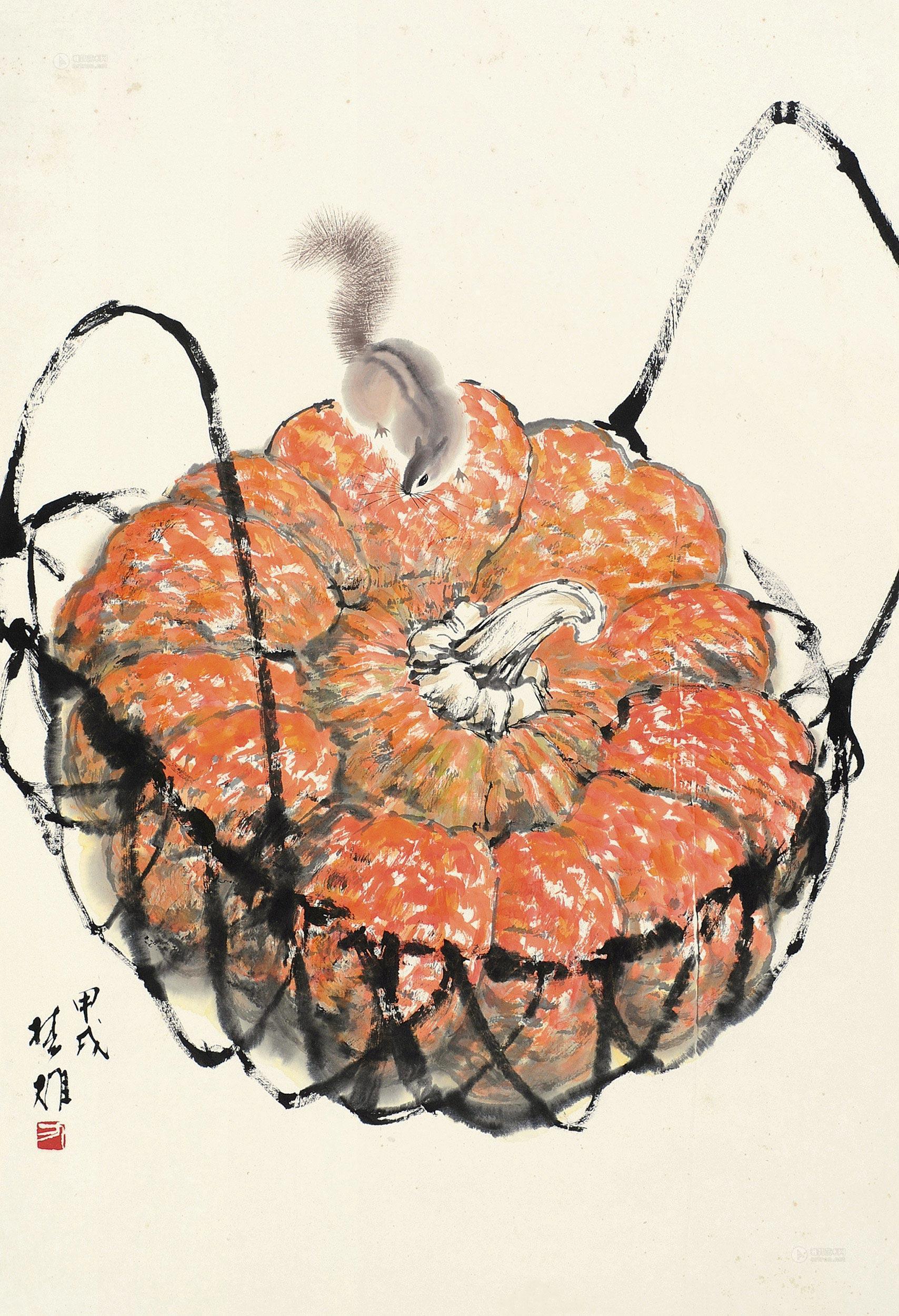 0301 甲戌(1994)年作 南瓜松鼠 镜片 设色纸本