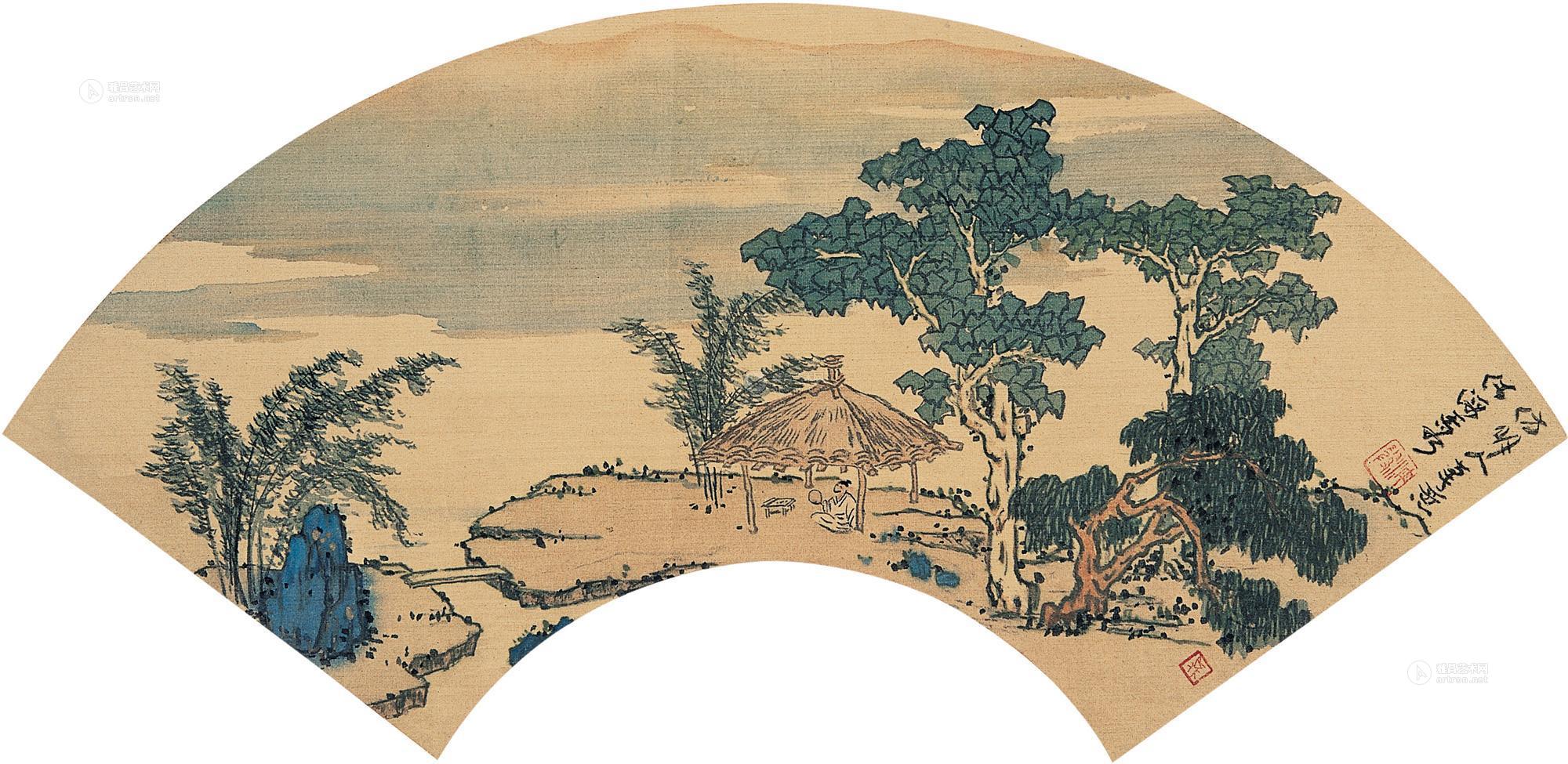 0010 溪山亭子图 扇片 设色绢本