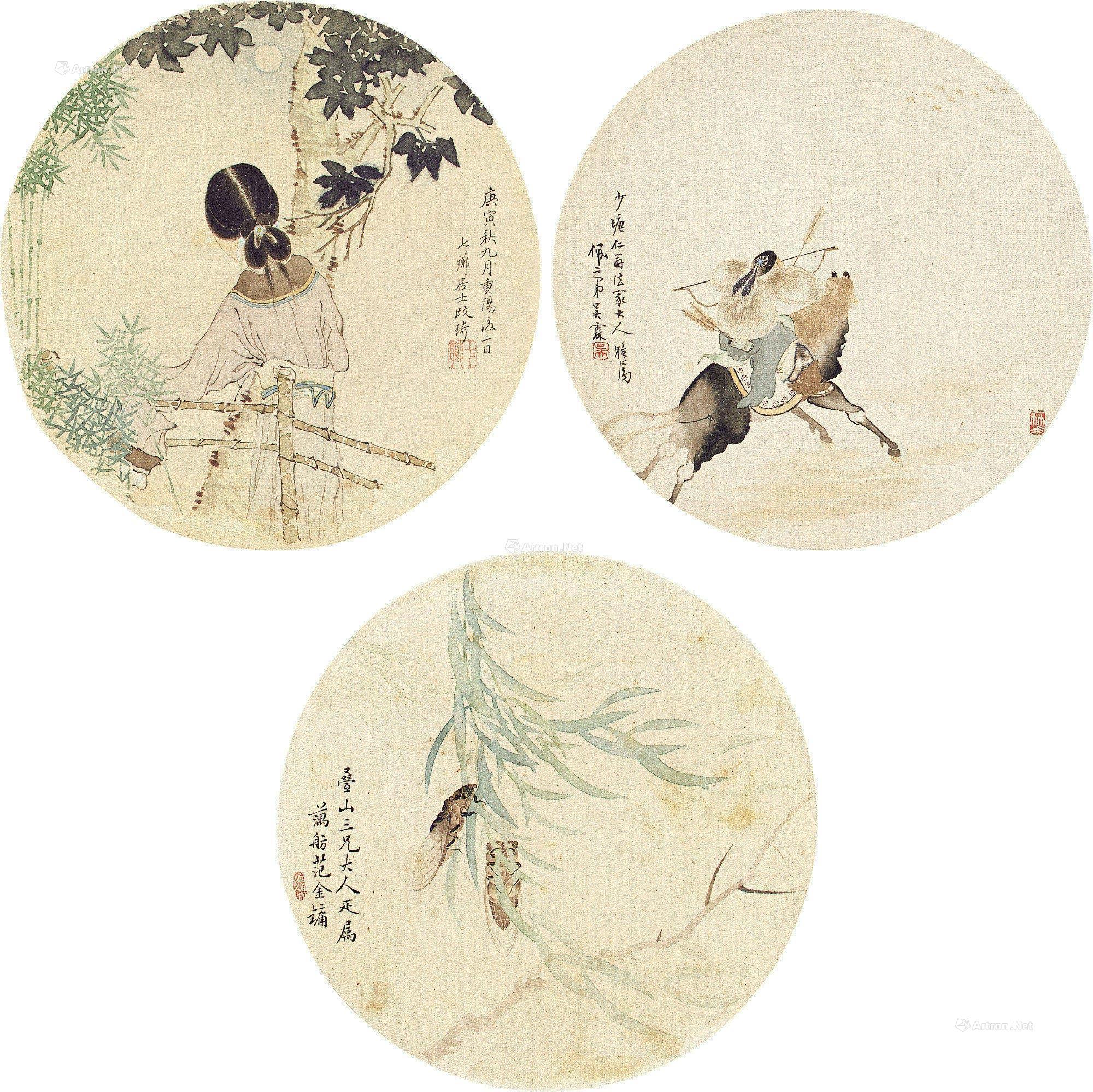 0220 人物风情三连图 立轴 团扇 设色绢本
