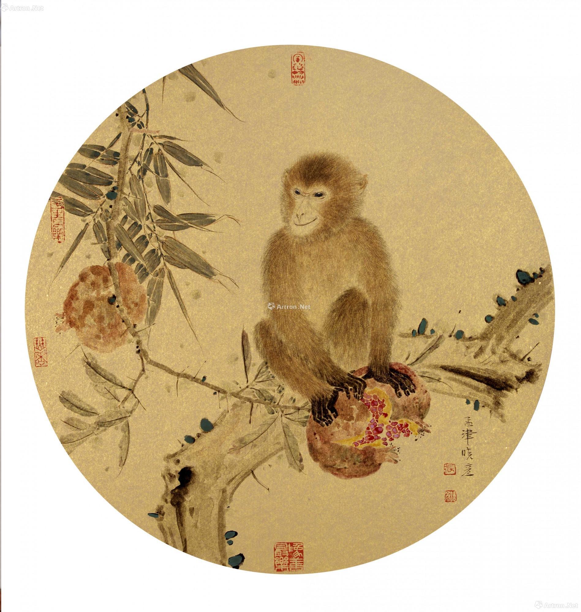 0070 灵猴图 金卡圆光 设色纸本