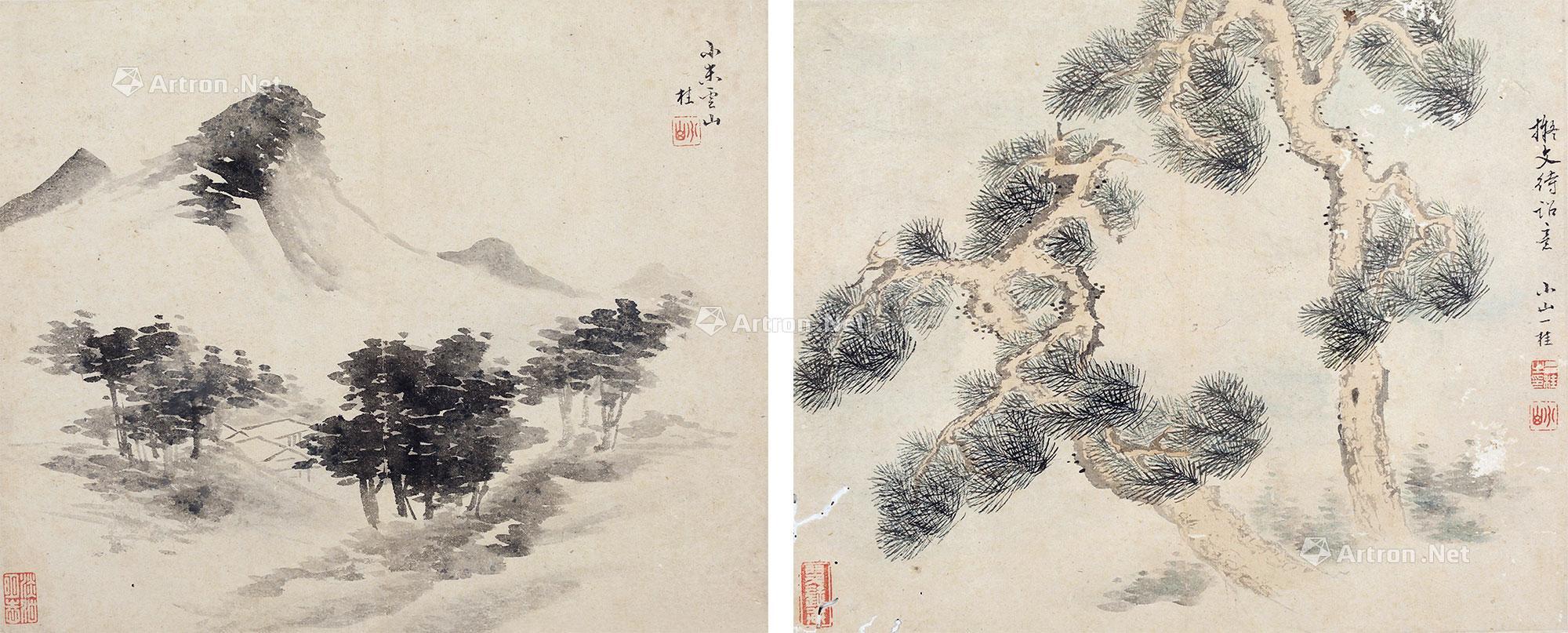 0177 松柏长春·云山图 镜心 设色纸本