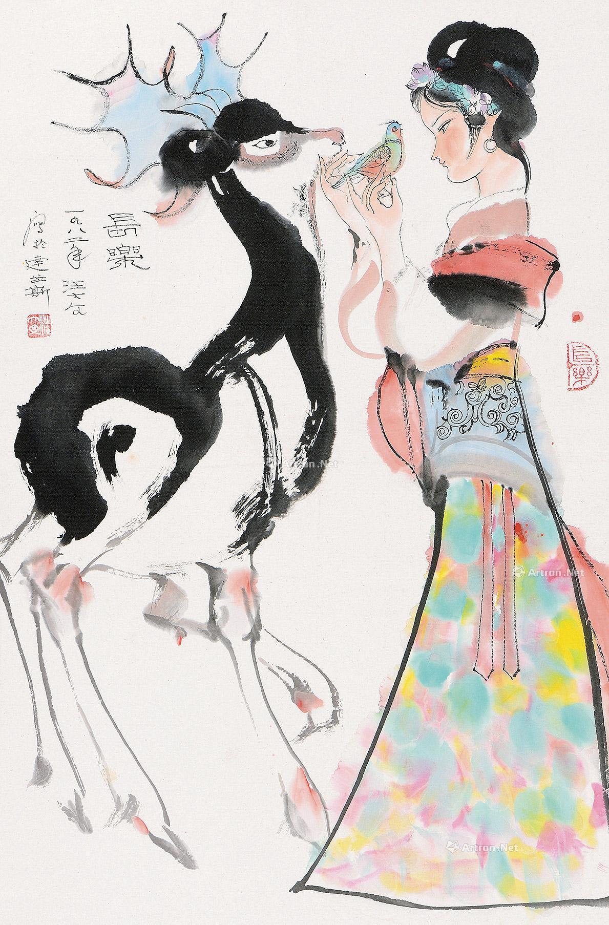 0059 壬戌(1982年)作 长乐图 立轴 设色纸本