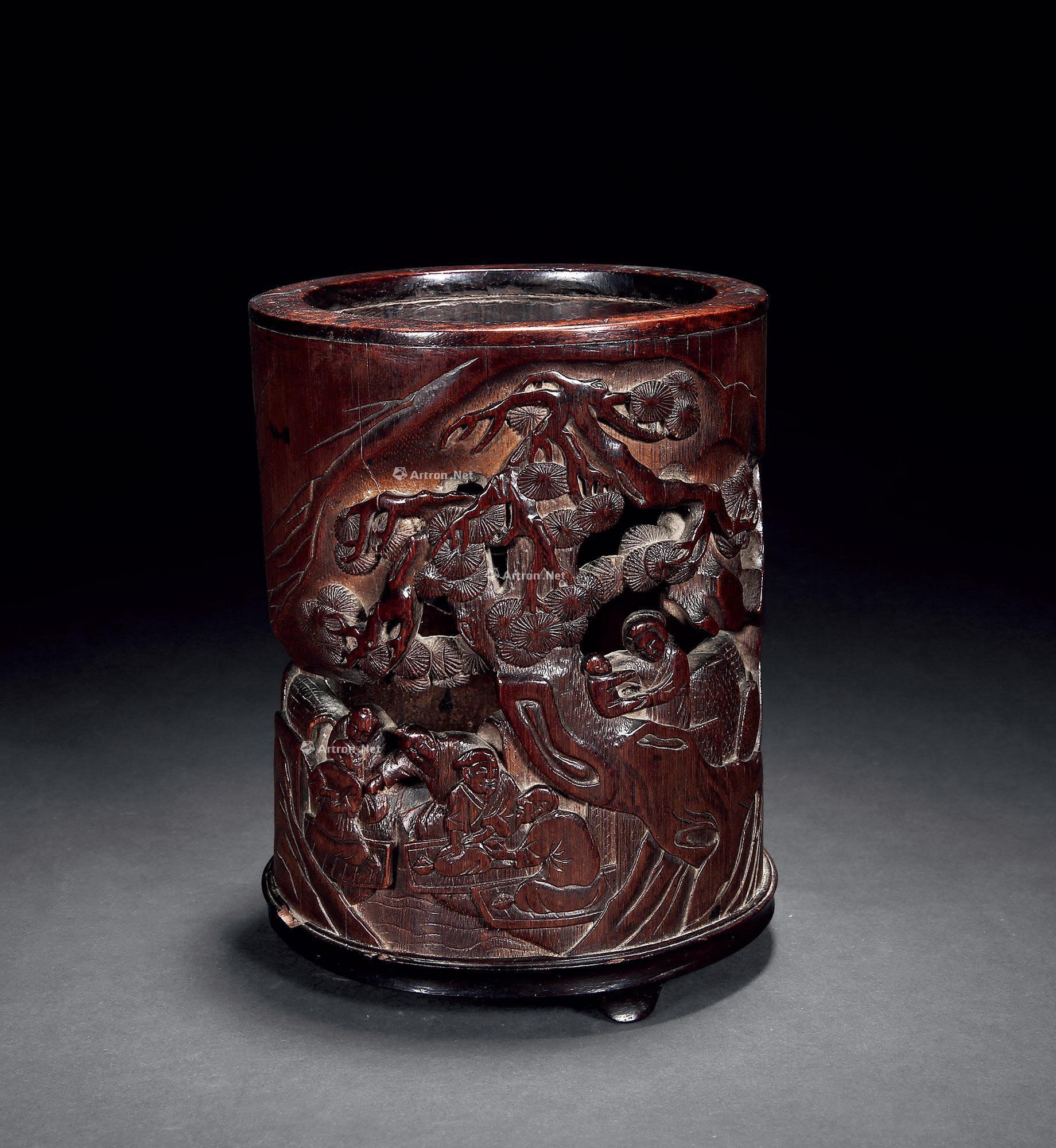 0758 明 竹刻山水人物笔筒