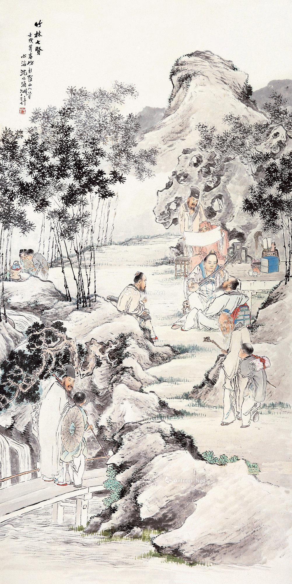 0132 壬戌(1922)年作 竹林七贤 立轴 设色纸本