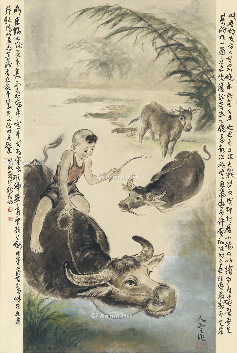 2500 牧童戏牛图 立轴 设色纸本