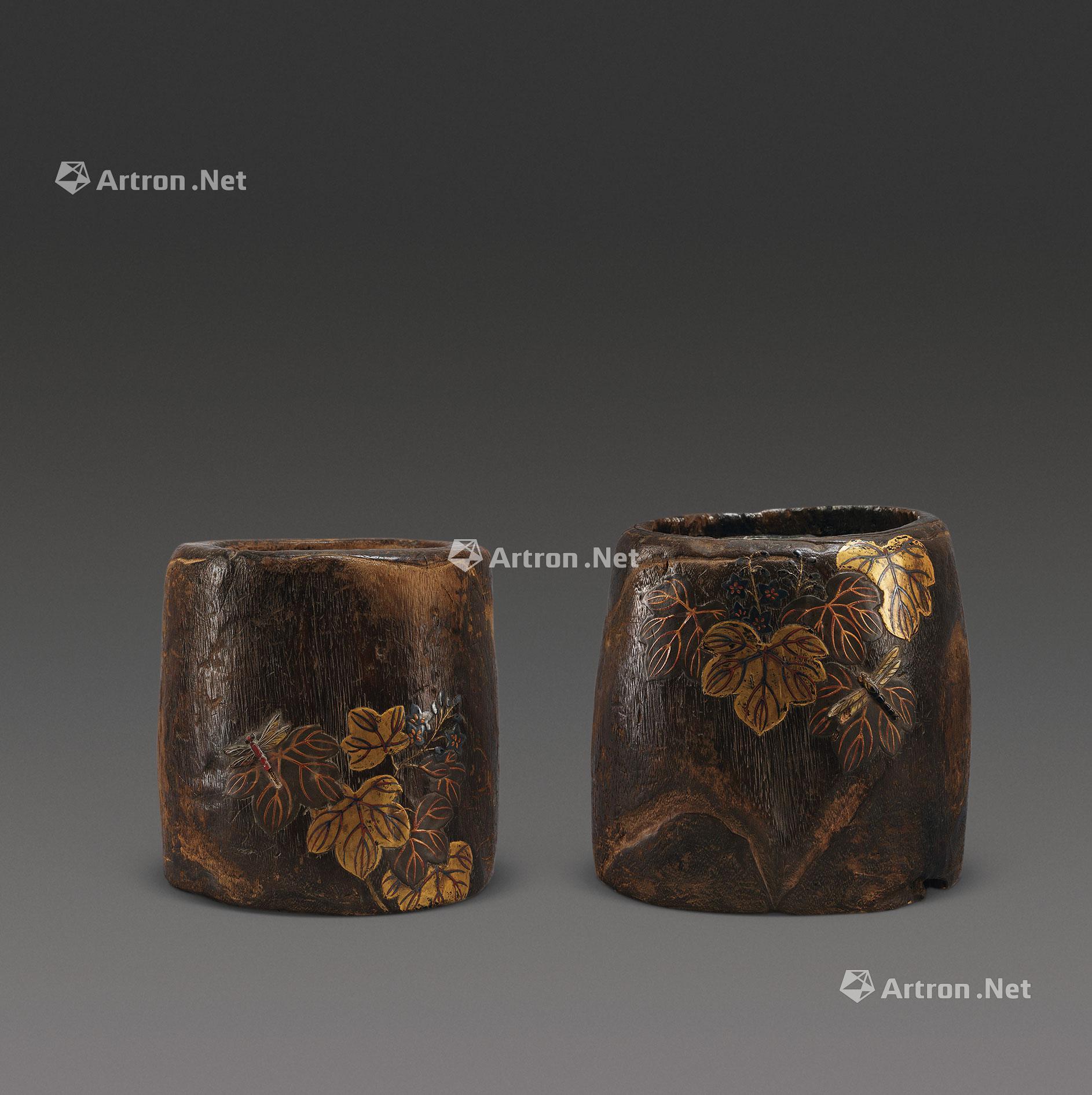 0526 大正时期 桐木莳绘镶螺钿蜻蜓纹火钵 (一组)