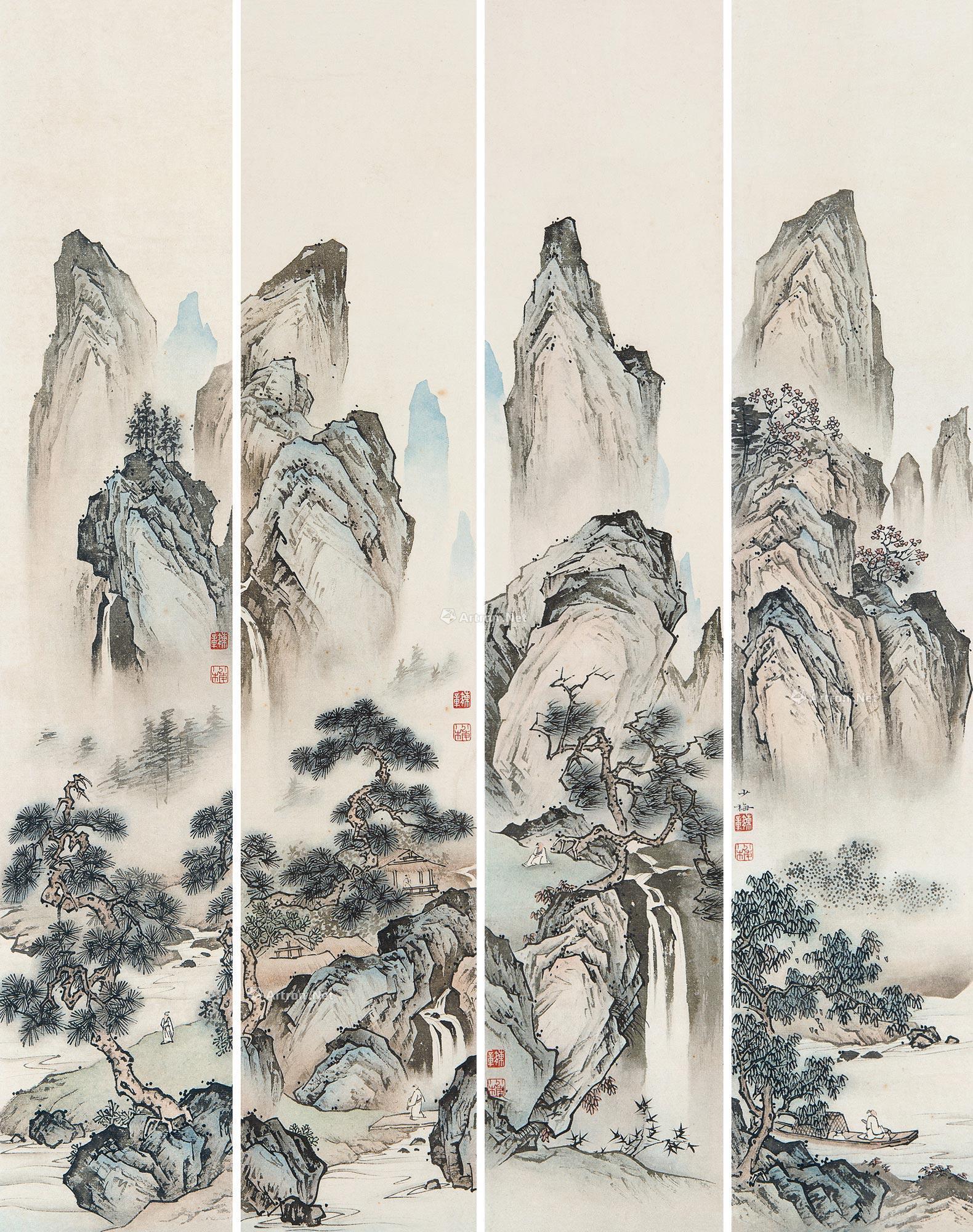 0048 山水画 四屏 设色纸本