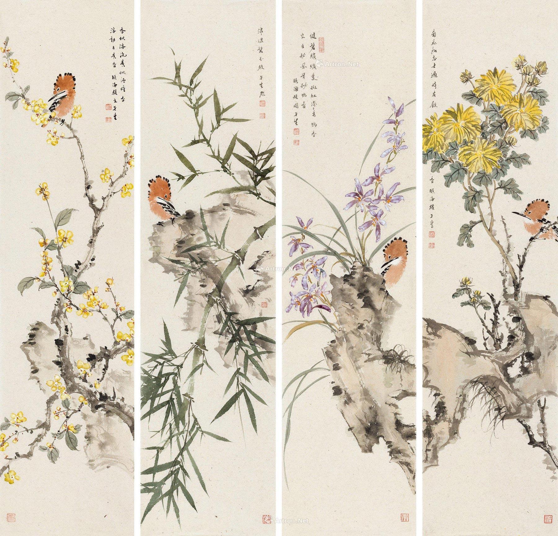 0078 花鸟 四屏镜心 设色纸本